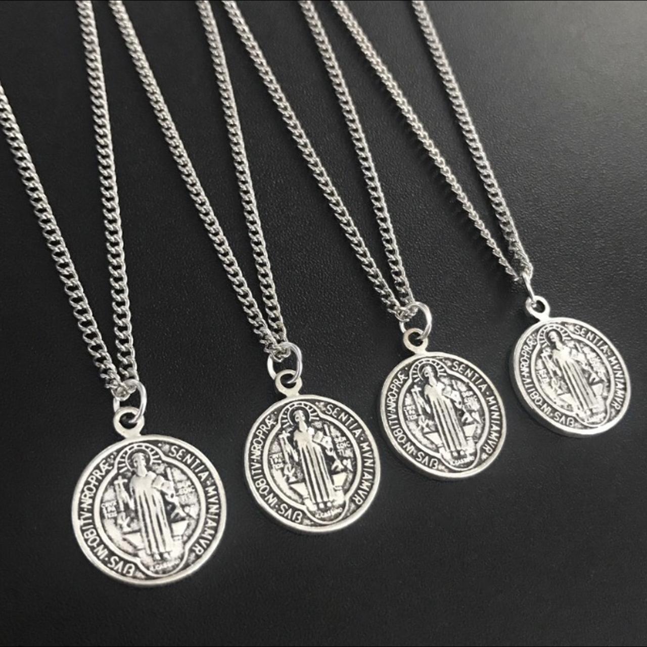 Saint Benedict Coin Silver Necklace - 18 inch... - Depop