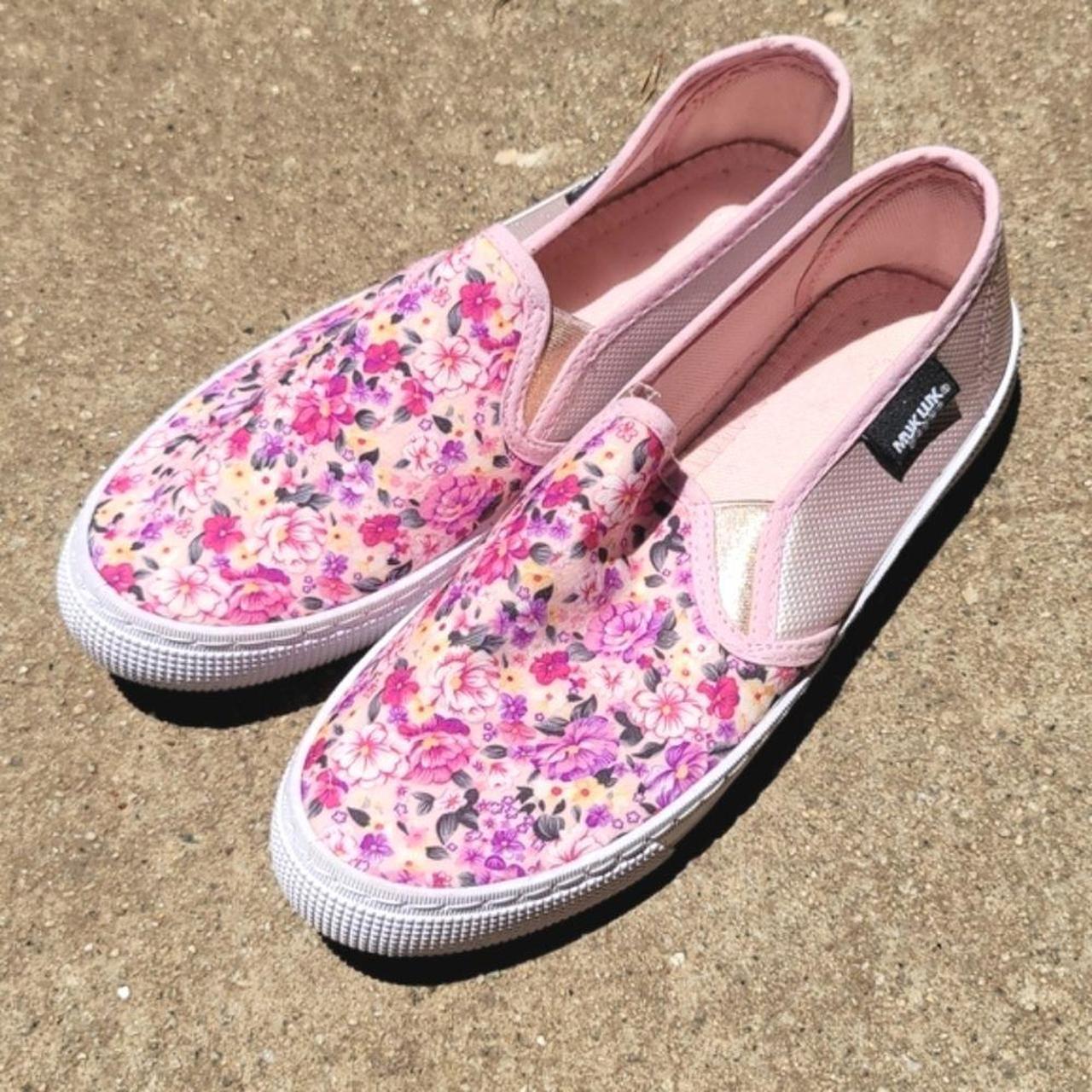 Pink floral muk luks slip on shoes size 10. Good... - Depop