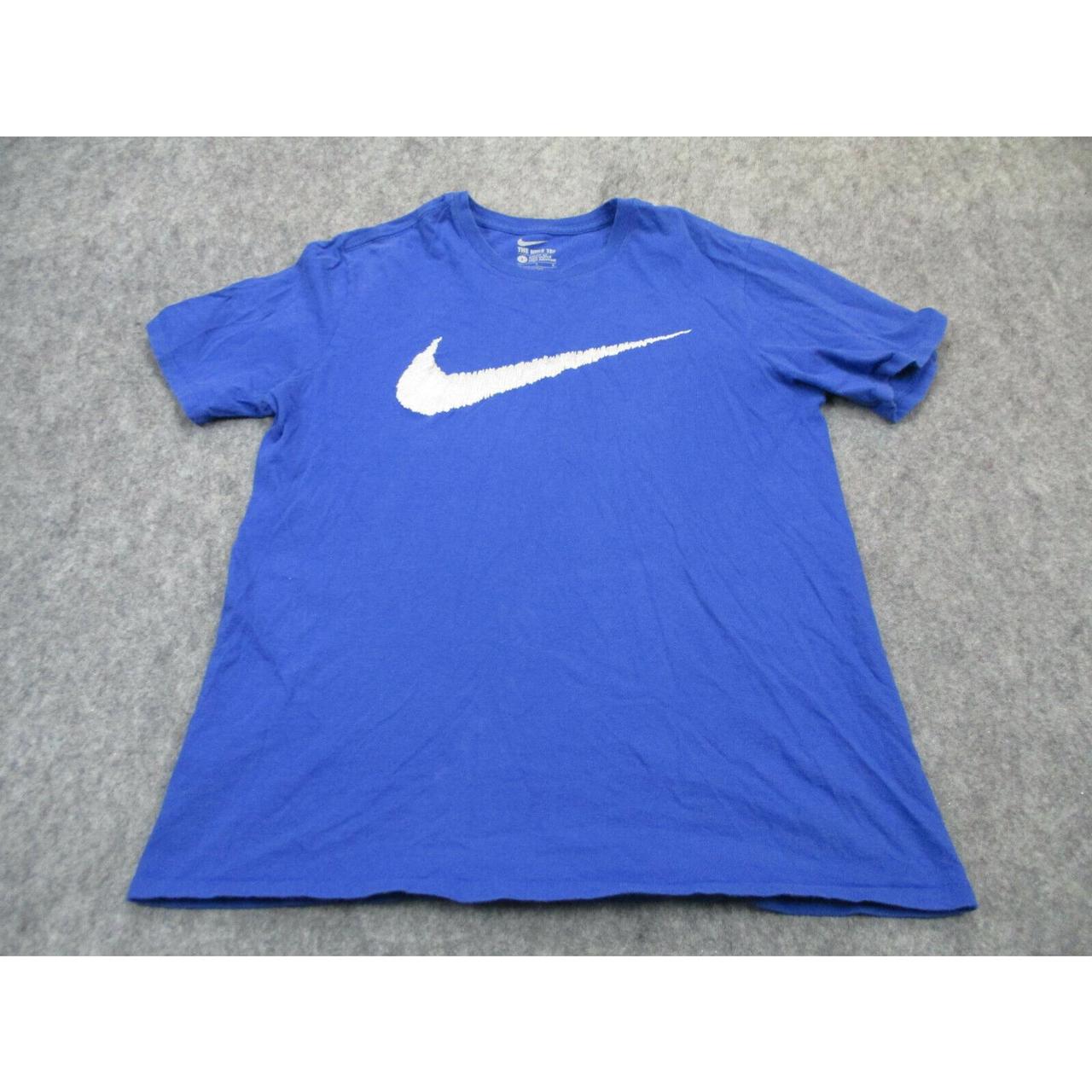 Nike Shirt Mens Large Blue White Swoosh Adult Short... - Depop