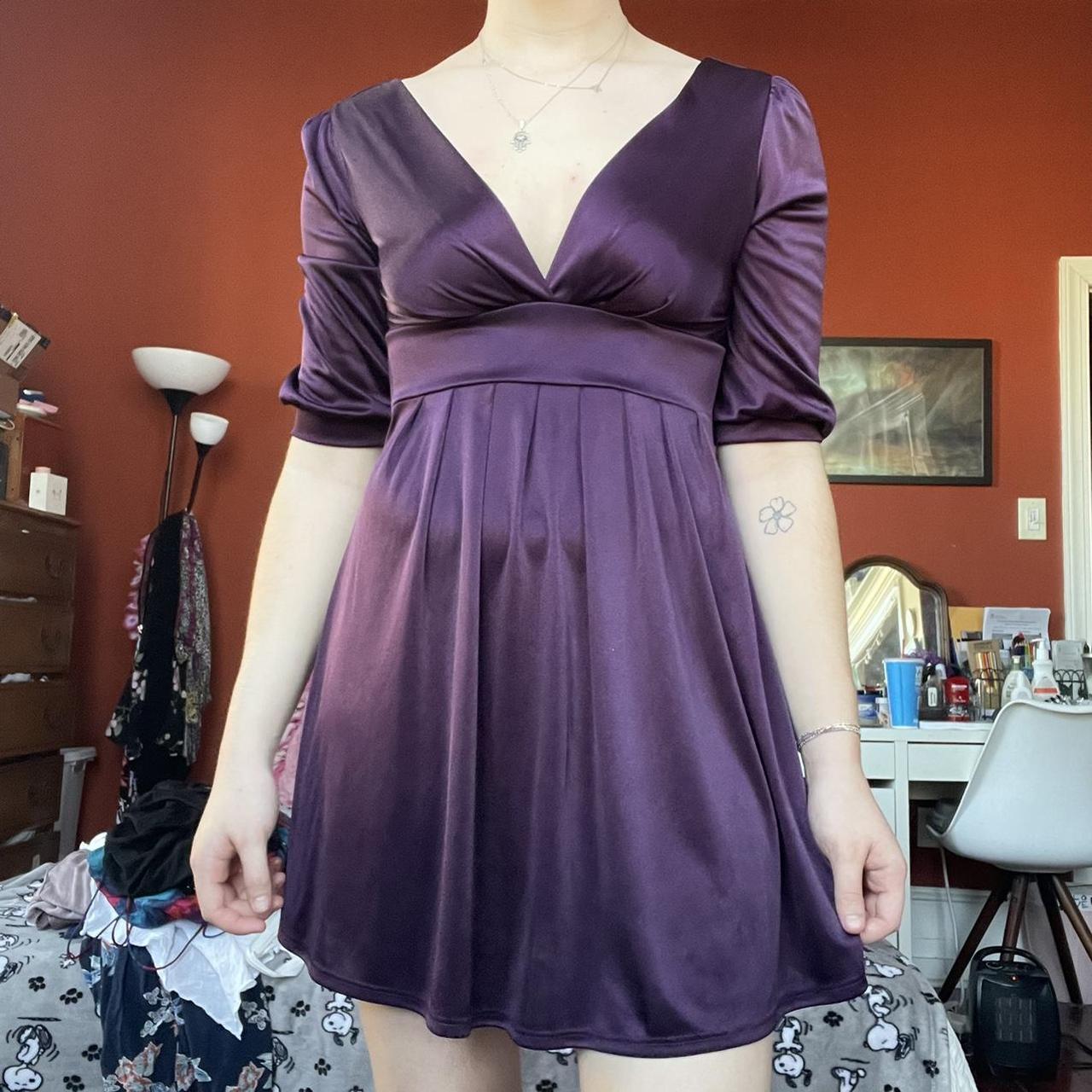 royal purple satin v neck dress!! pleated skirt and... Depop
