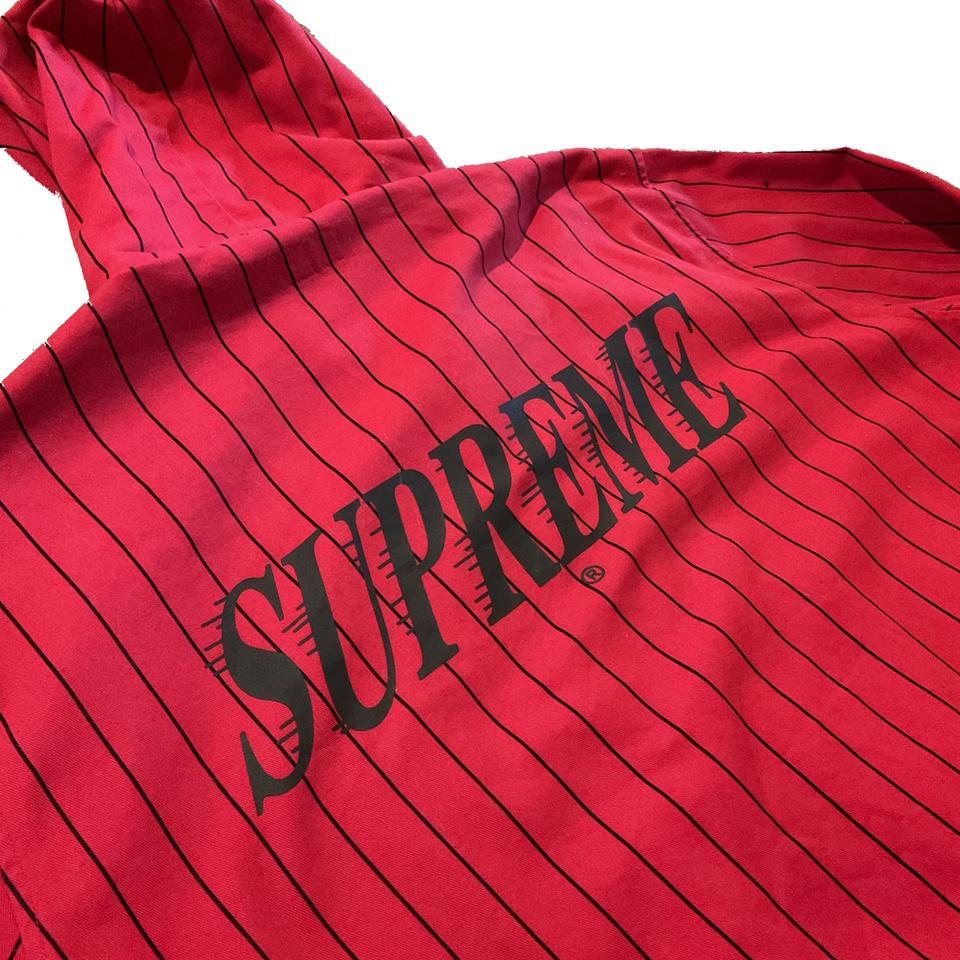 Supreme Pinstripe Twill Parka. Red with black... - Depop