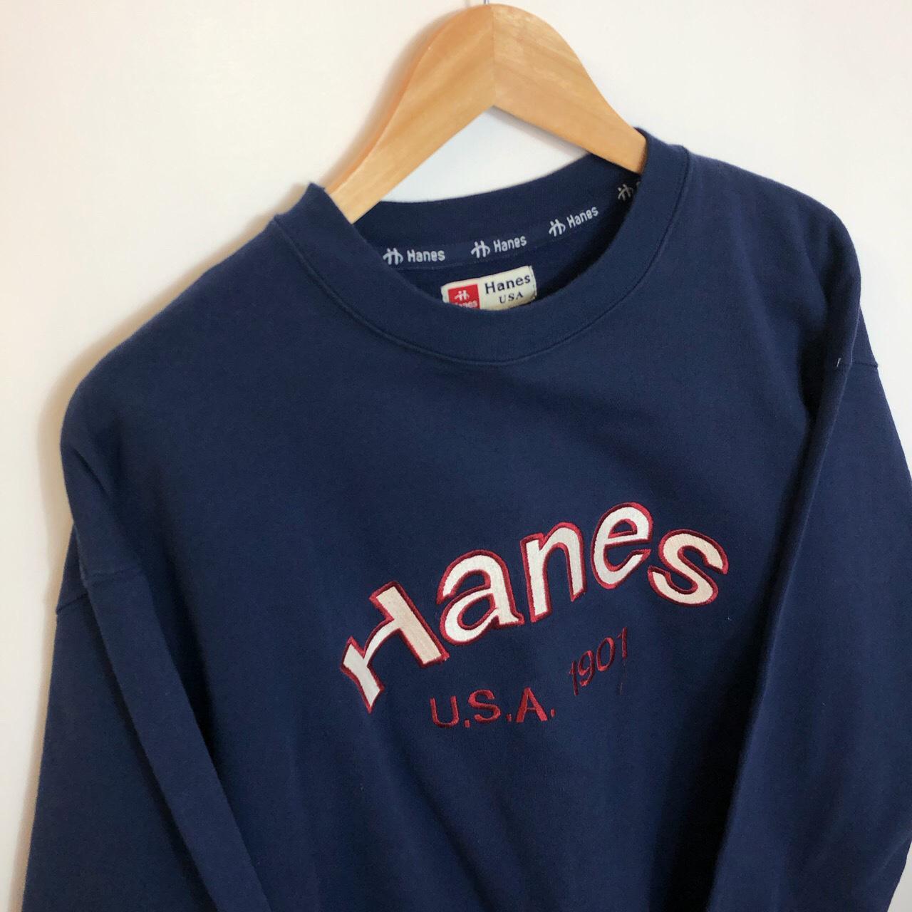 Vintage Hanes USA Blue Embroidered Spellout... - Depop