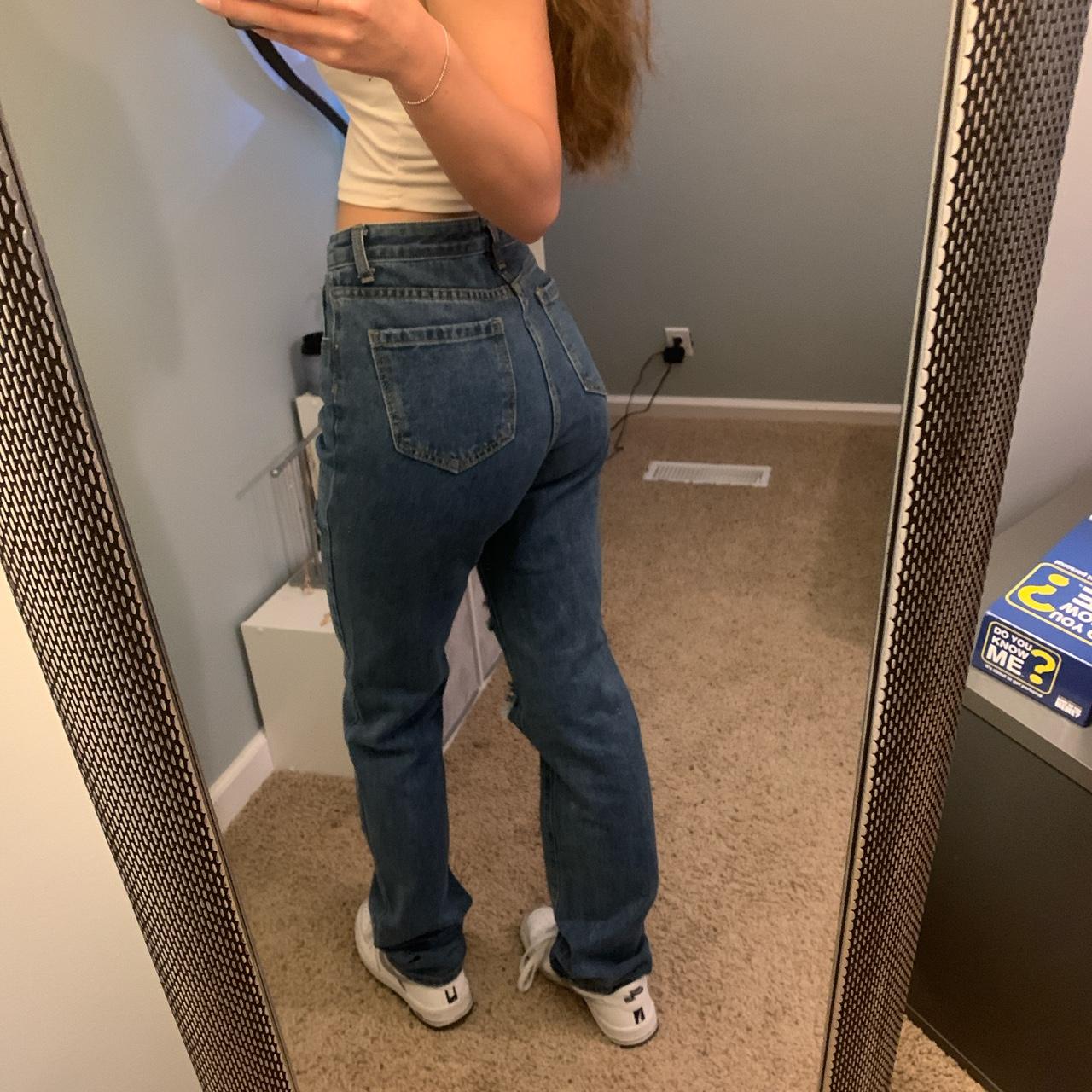 Women’s Shein medium/dark wash jeans with distress.... - Depop