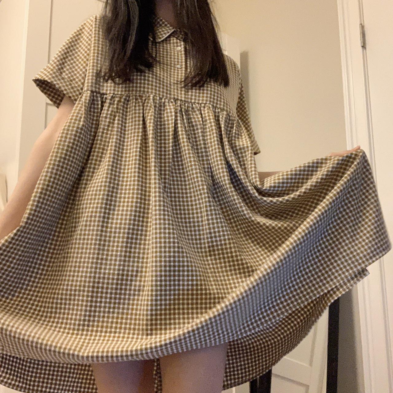 Oversized brown gingham dress with a collar 💖 Picnic... - Depop