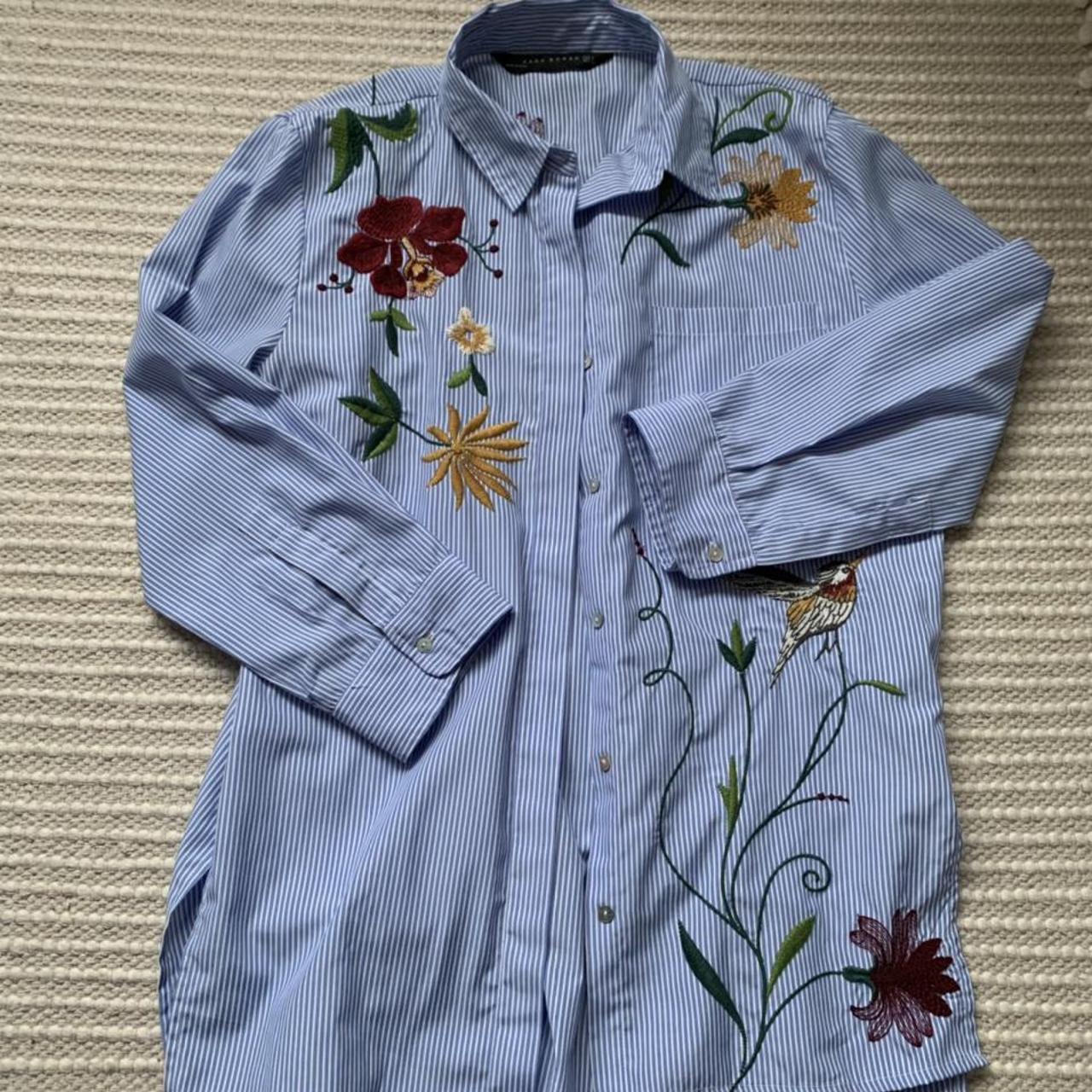 Zara blue pinstripe shirt, embroidered with flowers... - Depop