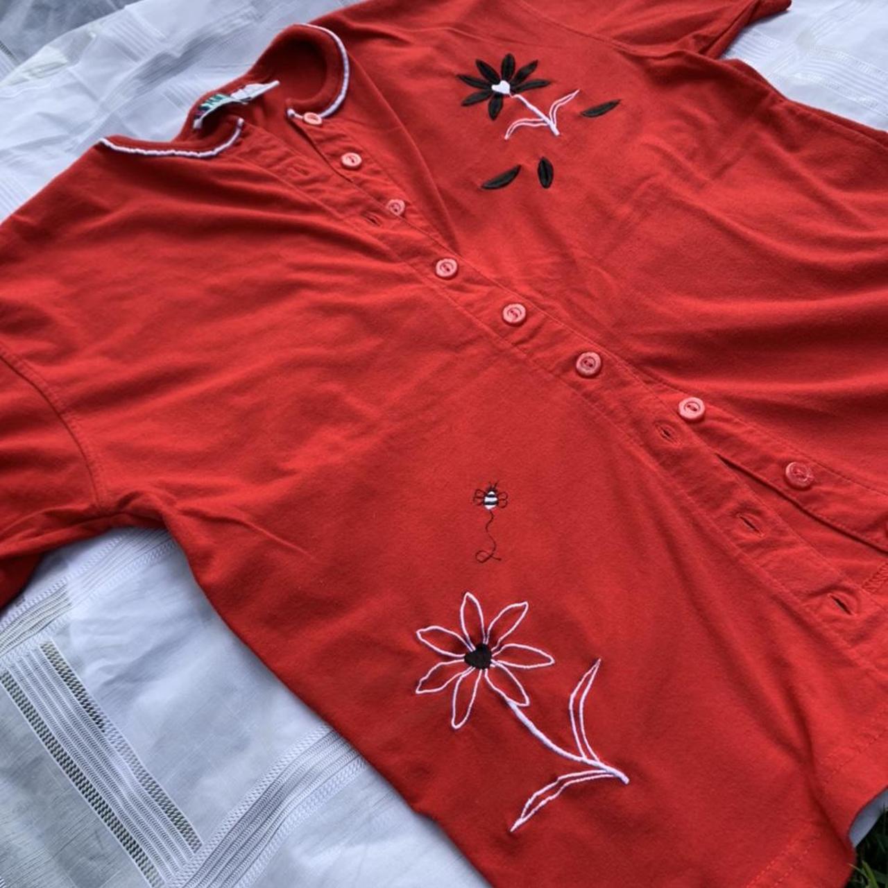 Vintage early 90s red tee button down with cute bee... - Depop