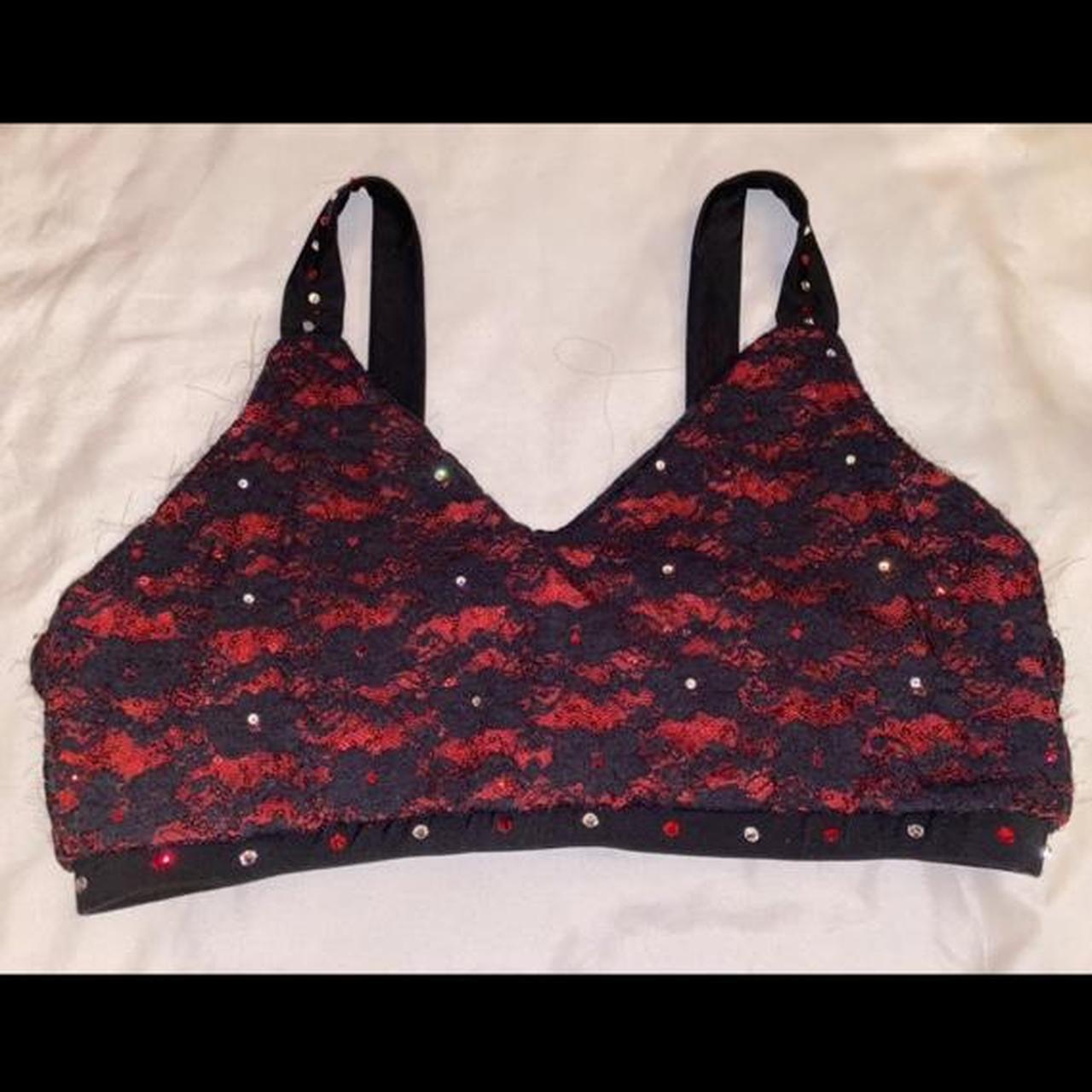 Red and Black Lace Vintage 90s Lace and Rhinestone... - Depop