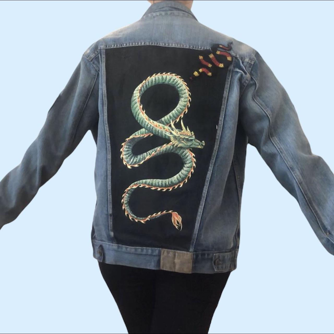 Hand Painted Dragon Denim Jacket Men’s Size M. Denim - Depop