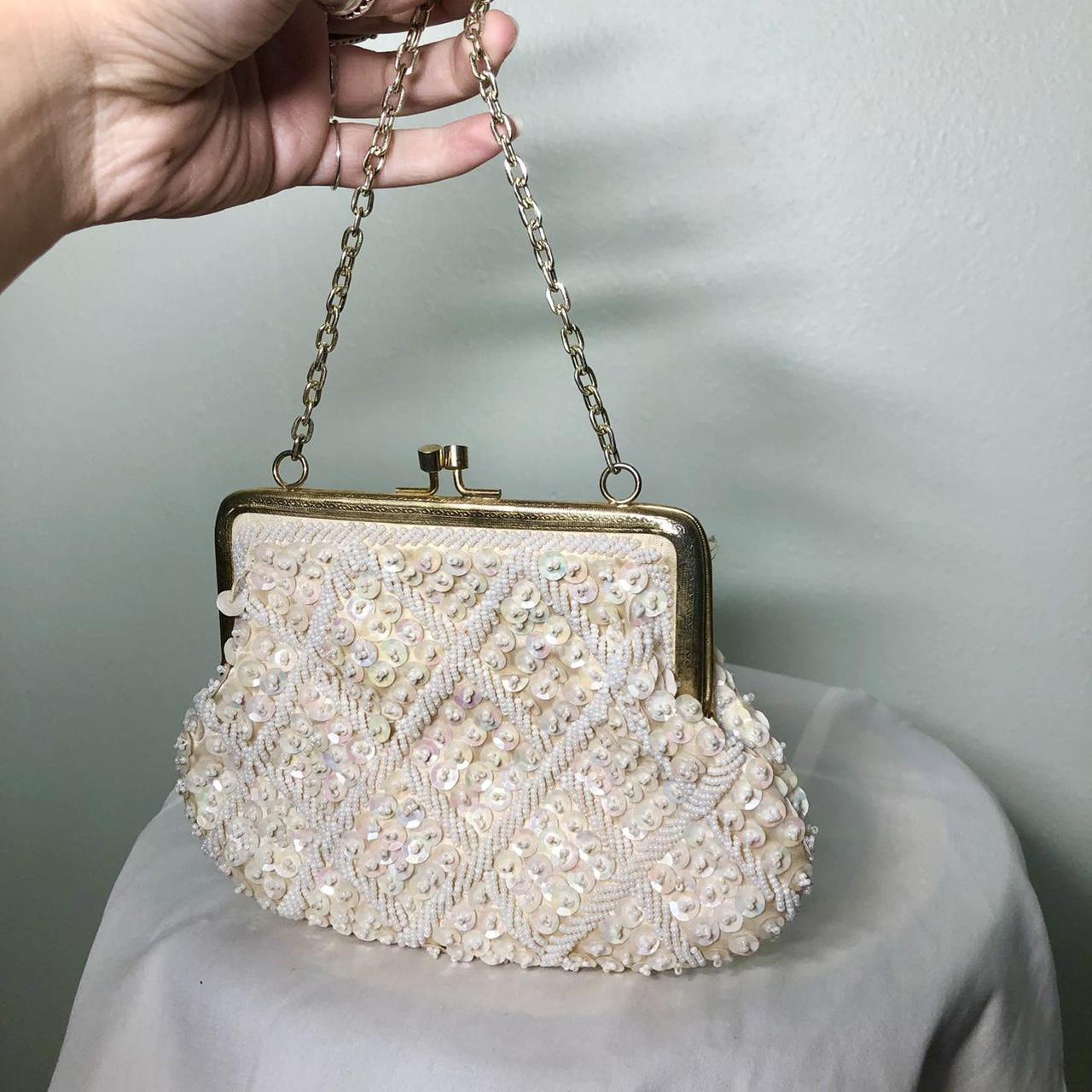 Vintage small pearl beaded evening bag with leaf - Depop