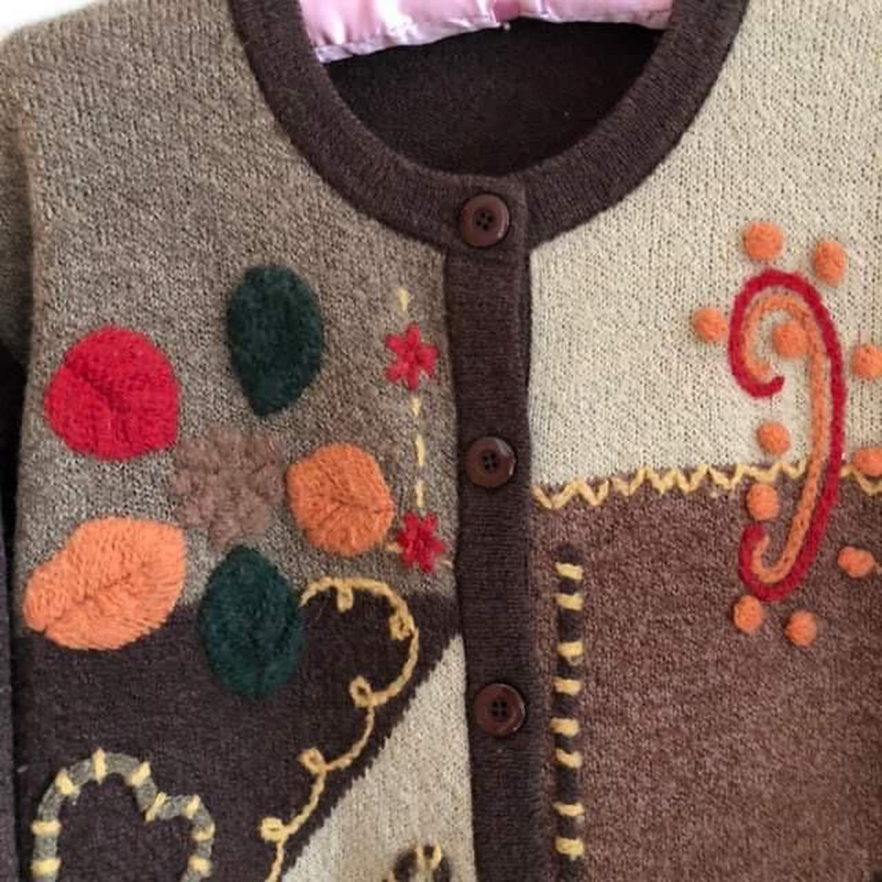 Vintage knitted chunky embroidery brown... - Depop