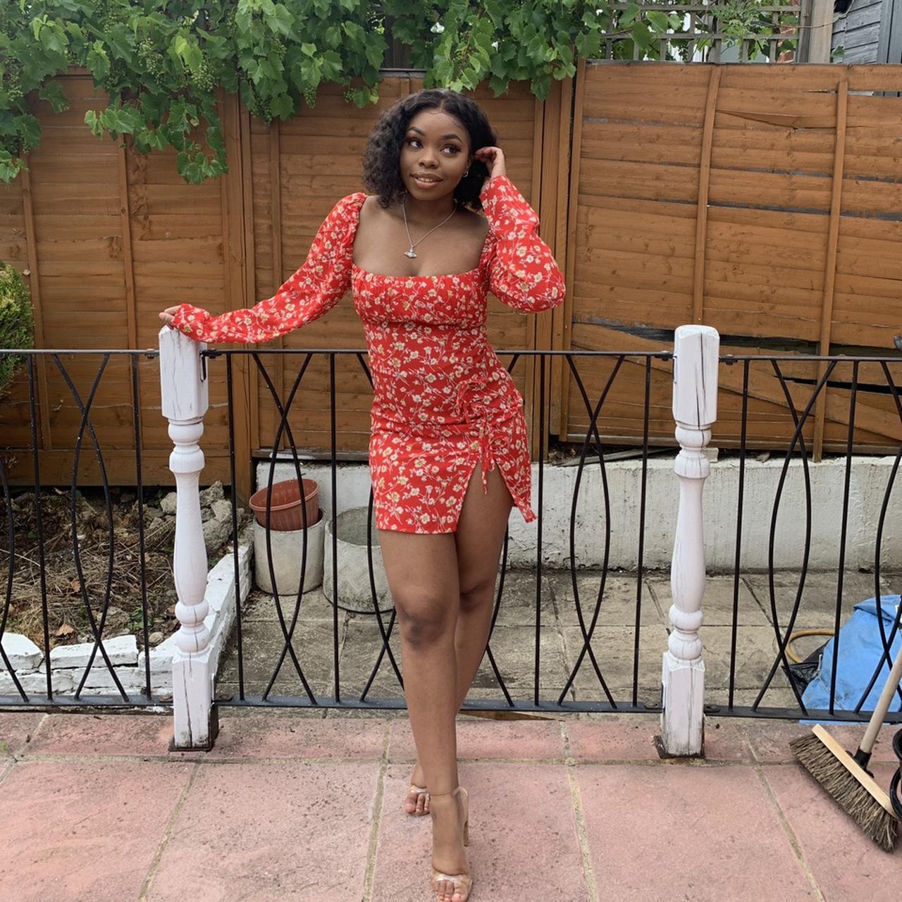 Red Ditsy Floral Bow Detail Side Split