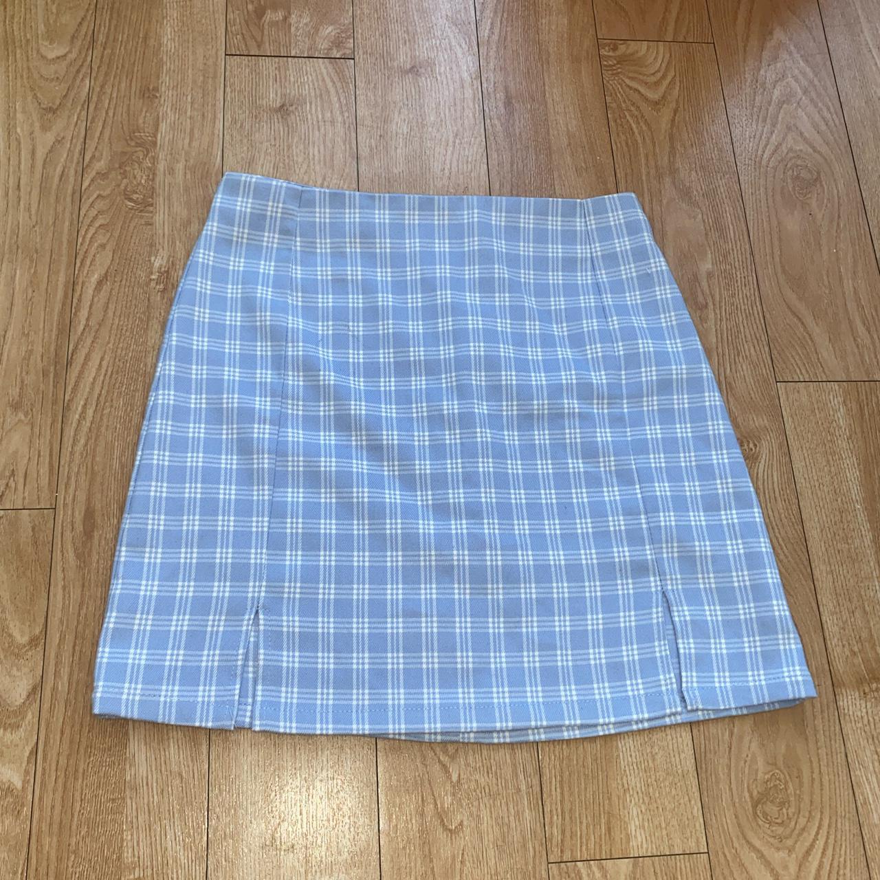 SHEIN mini skirt in a checked white and blue with... - Depop