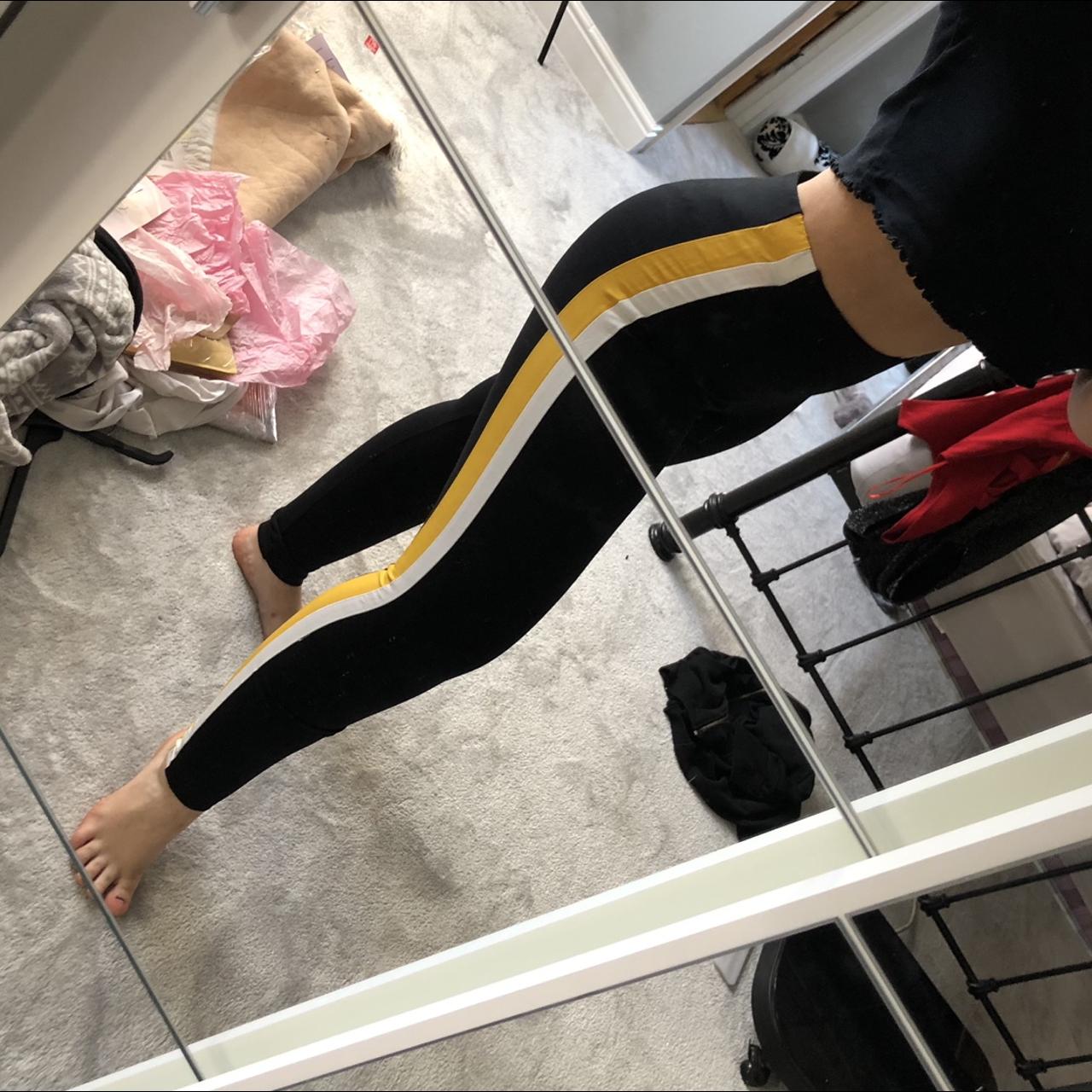 PULL & BEAR Black Leggings with White and Yellow - Depop