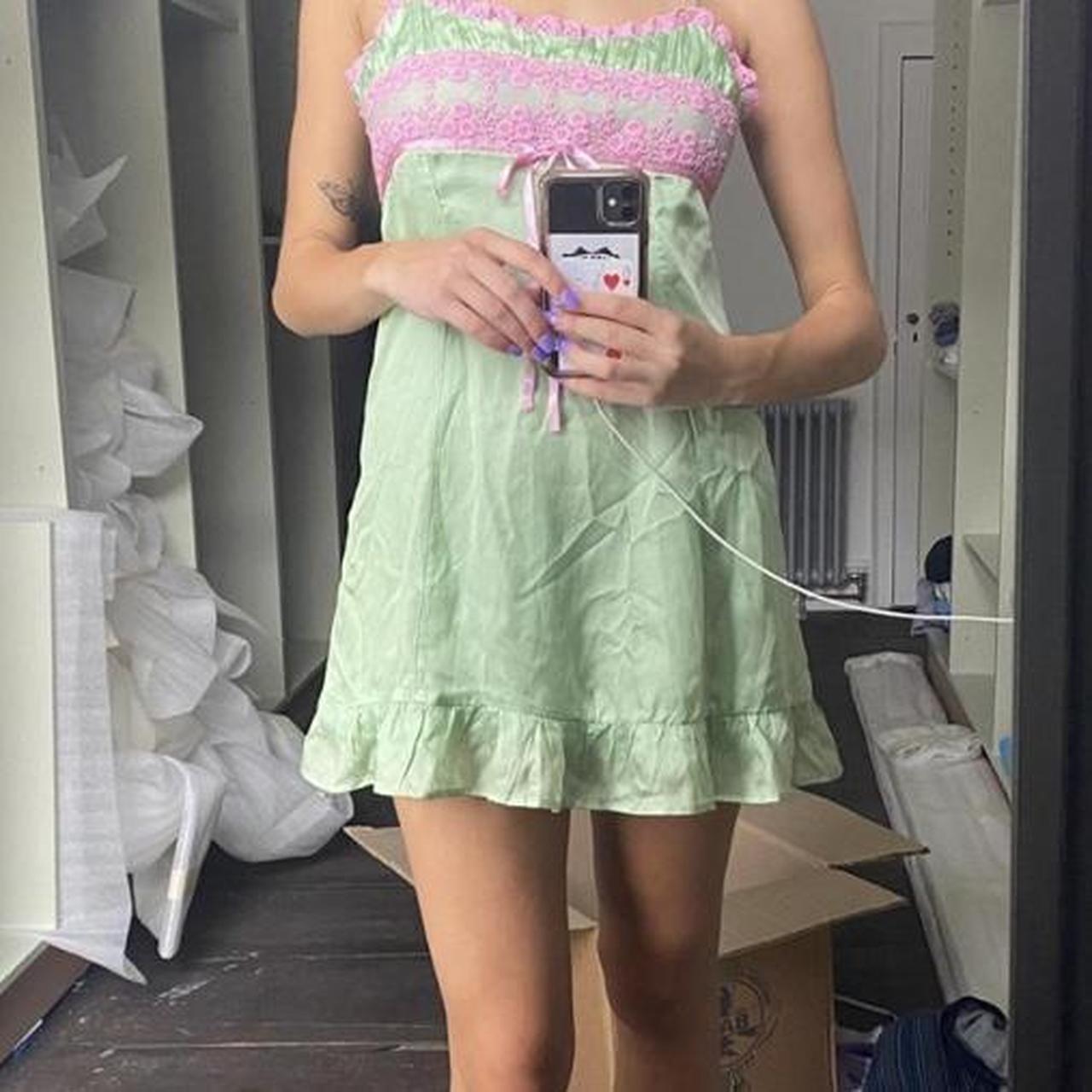 green and pink slip dress with lace and ribbon... Depop