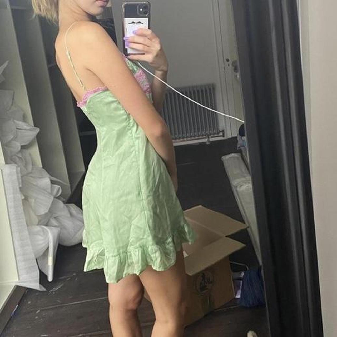 green and pink slip dress with lace and ribbon... Depop