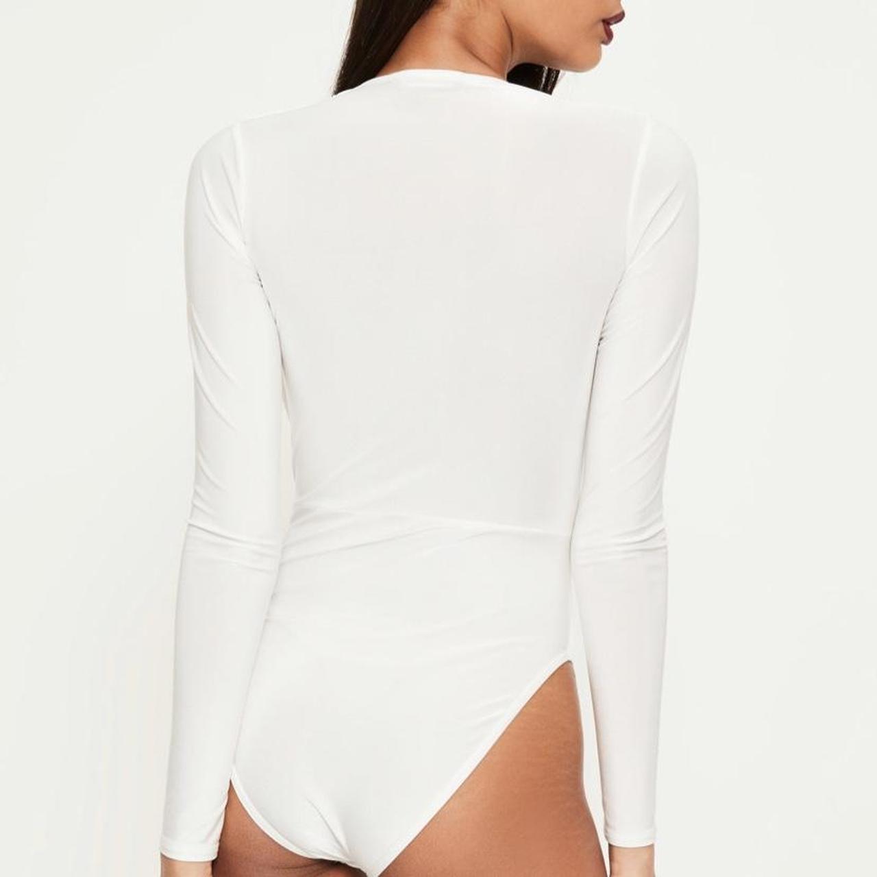 Misguided White satin plunge long sleeve bodysuit