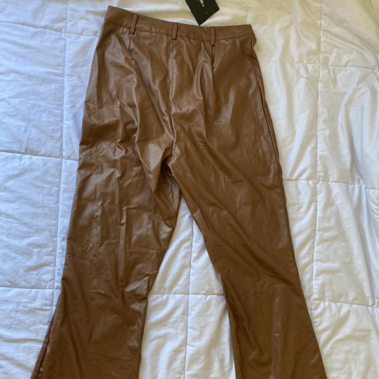 Camel Faux Leather Pocket Detail Straight Pants from... - Depop