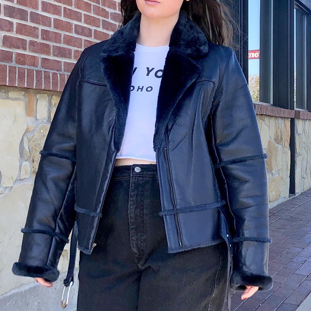 Vintage navy leather faux fur lined jacket