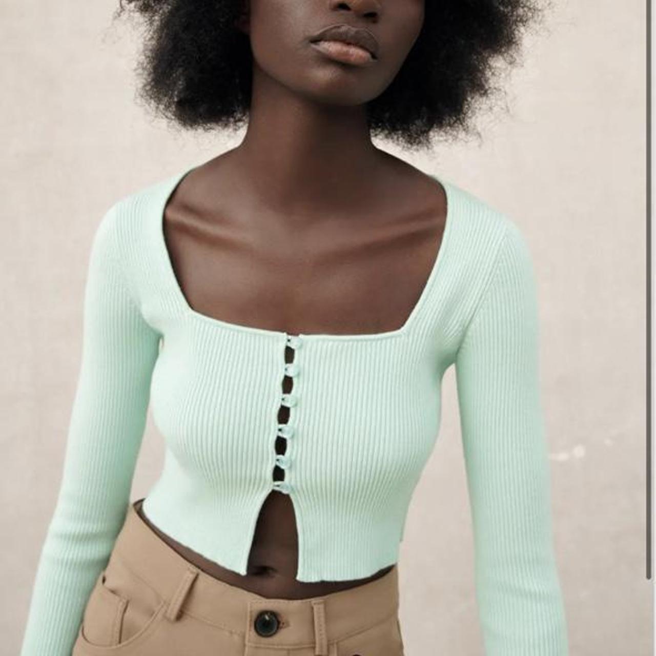 zara green cropped cardigan