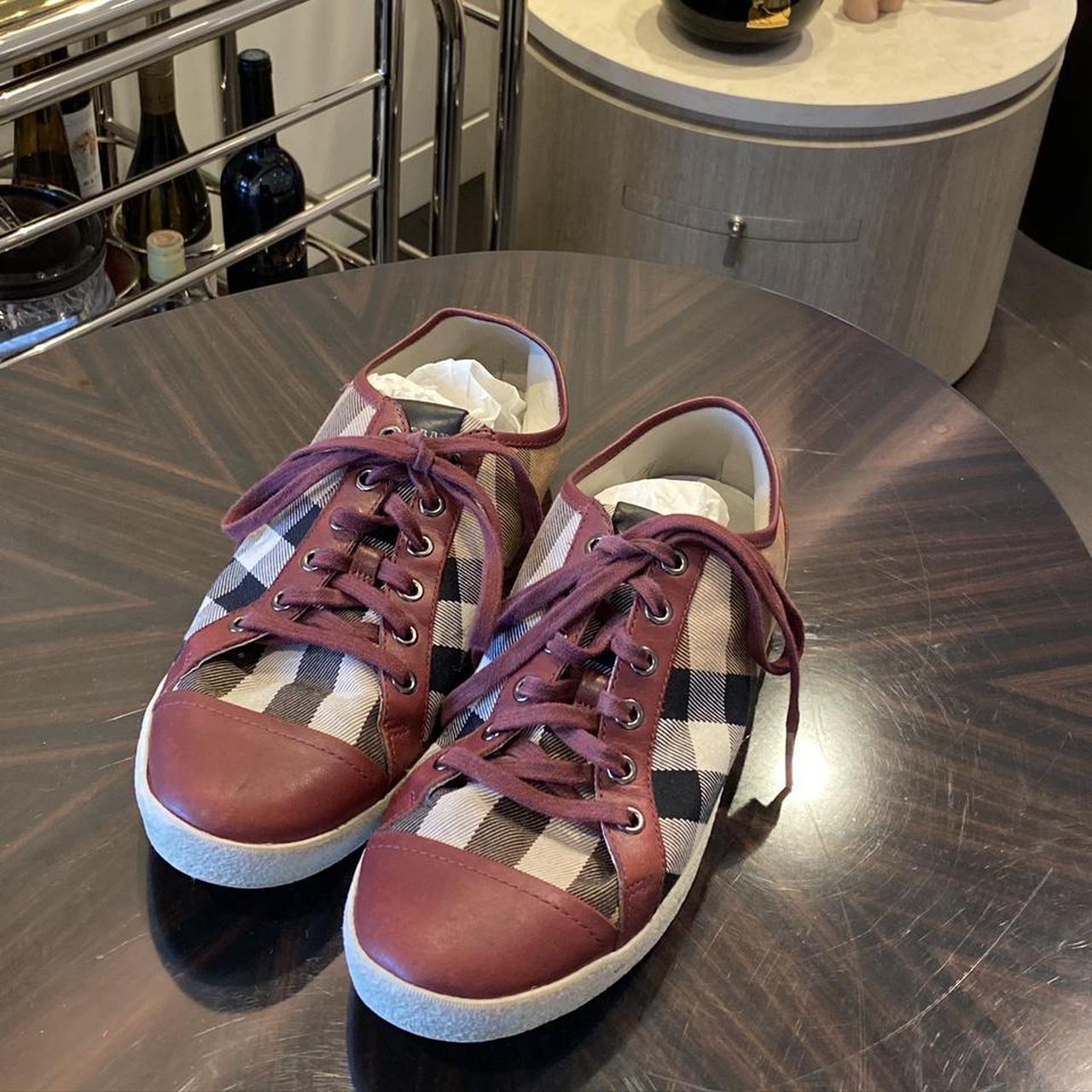 Burberry Women's Tan and Burgundy Trainers | Depop