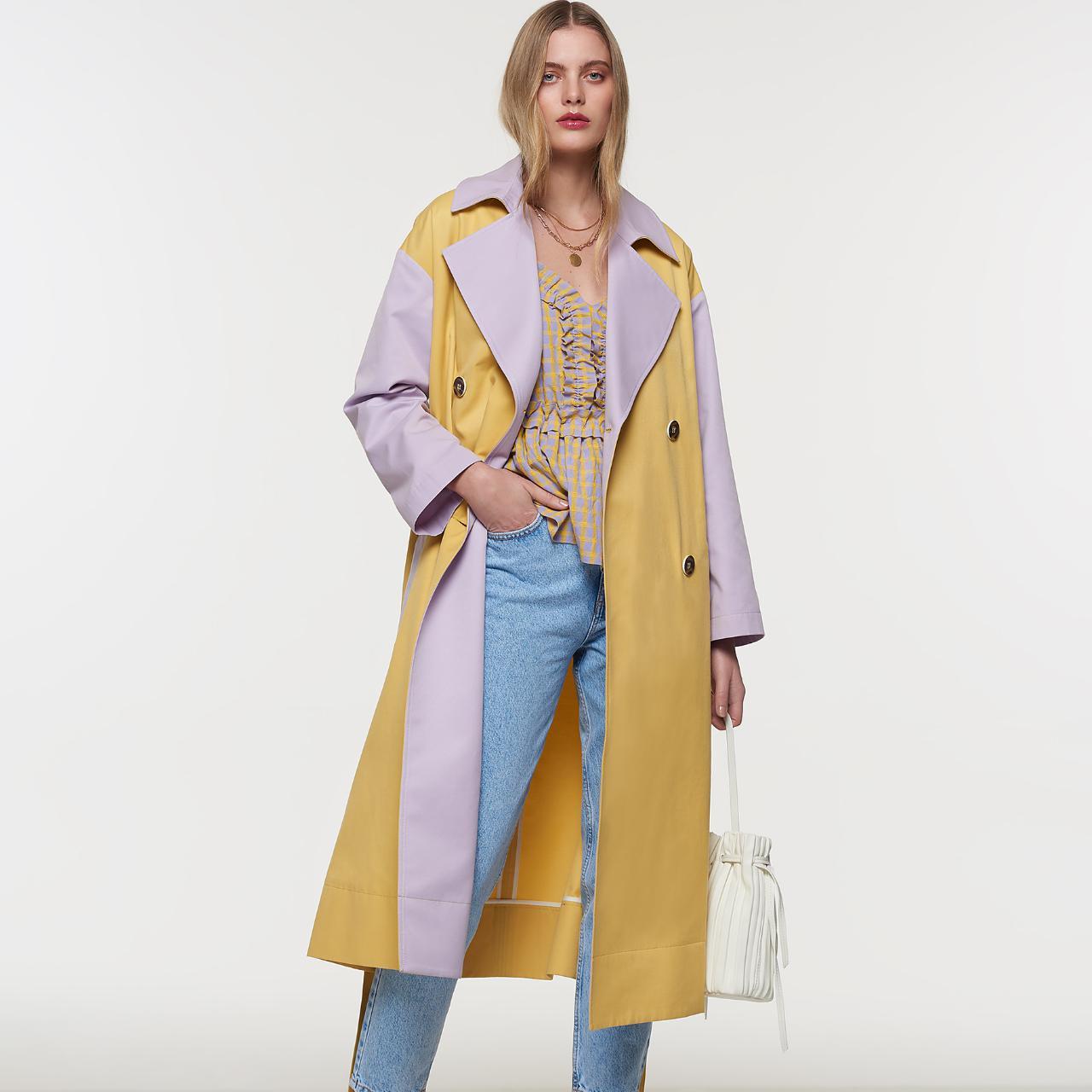 Palones Yellow and Lilac Pastel Colourblock Trench... - Depop
