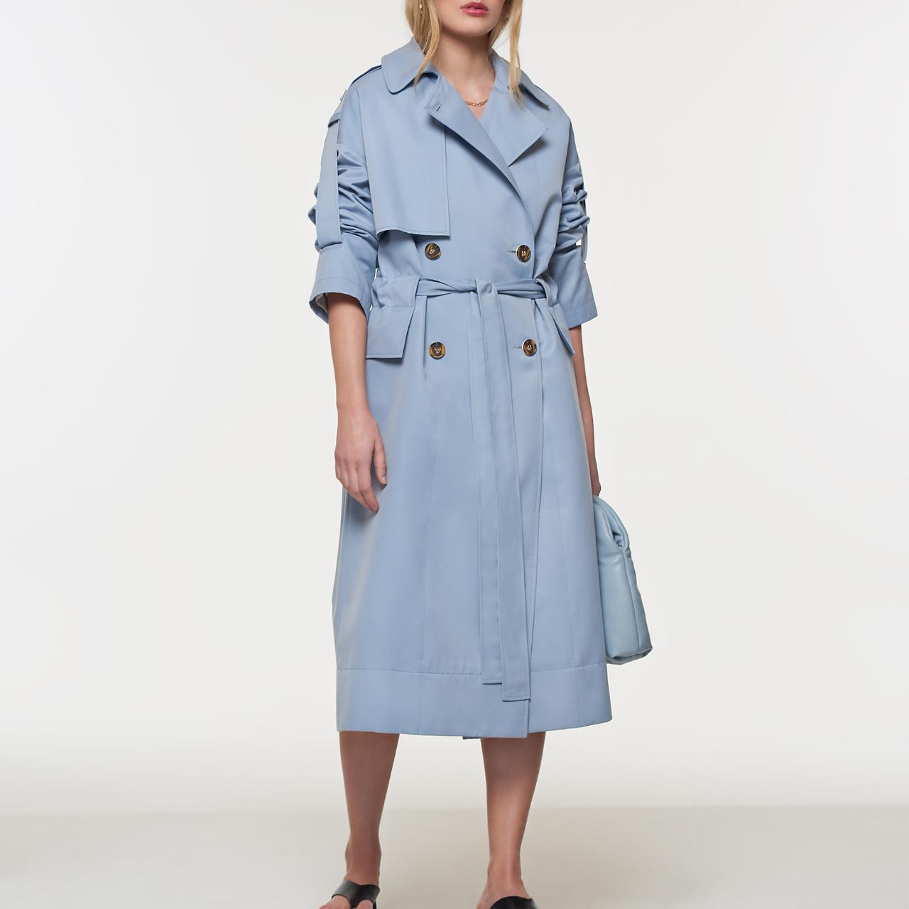 Palones Blue Oversized Tab Sleeve Trench Coat... Depop