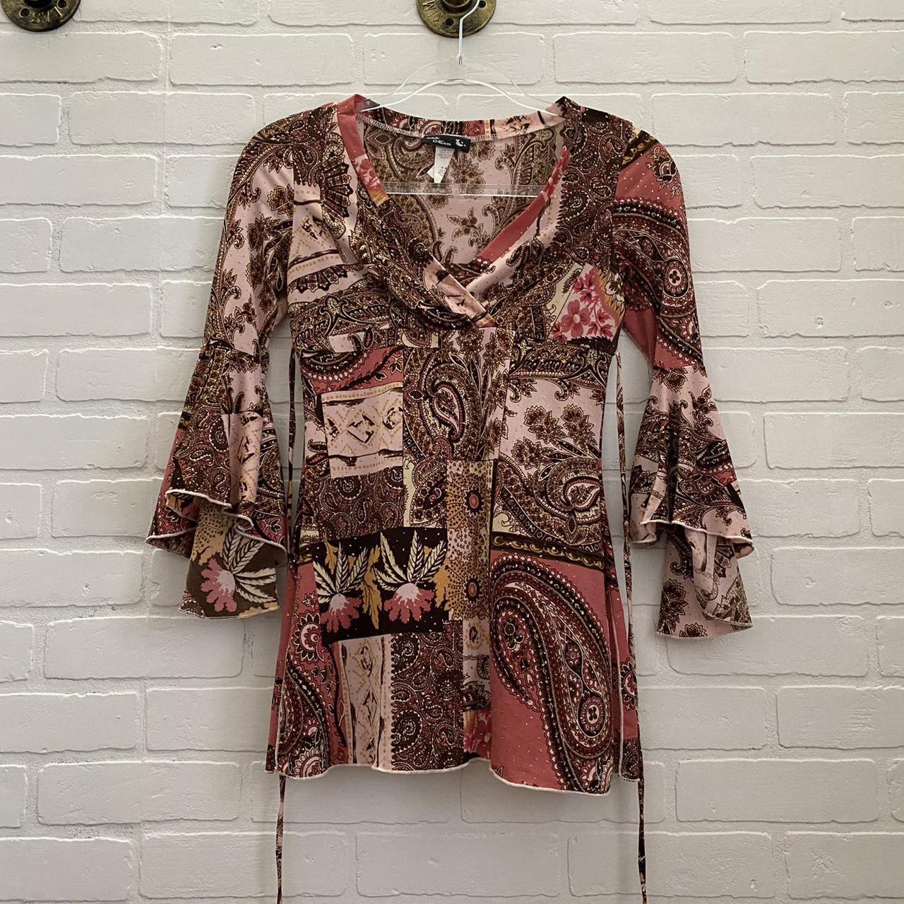 Pink and brow y2k paisley peasant top with bell... - Depop
