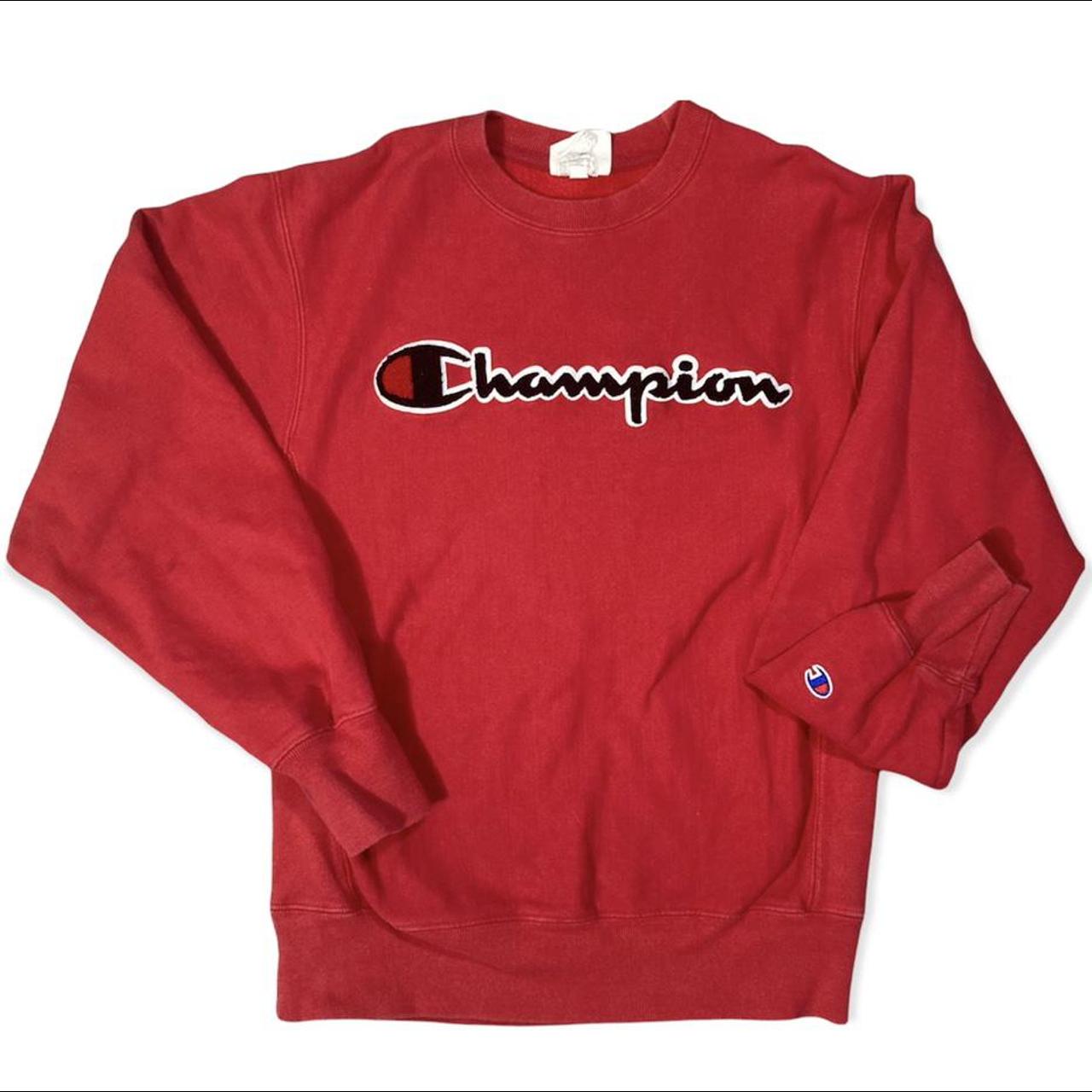 Red Champion Reverse Weave Crewneck Sweater.... - Depop