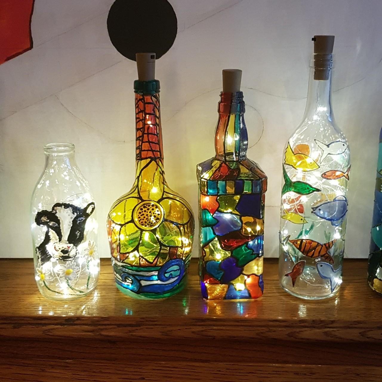 Hand painted stained glass bottle lights with... - Depop