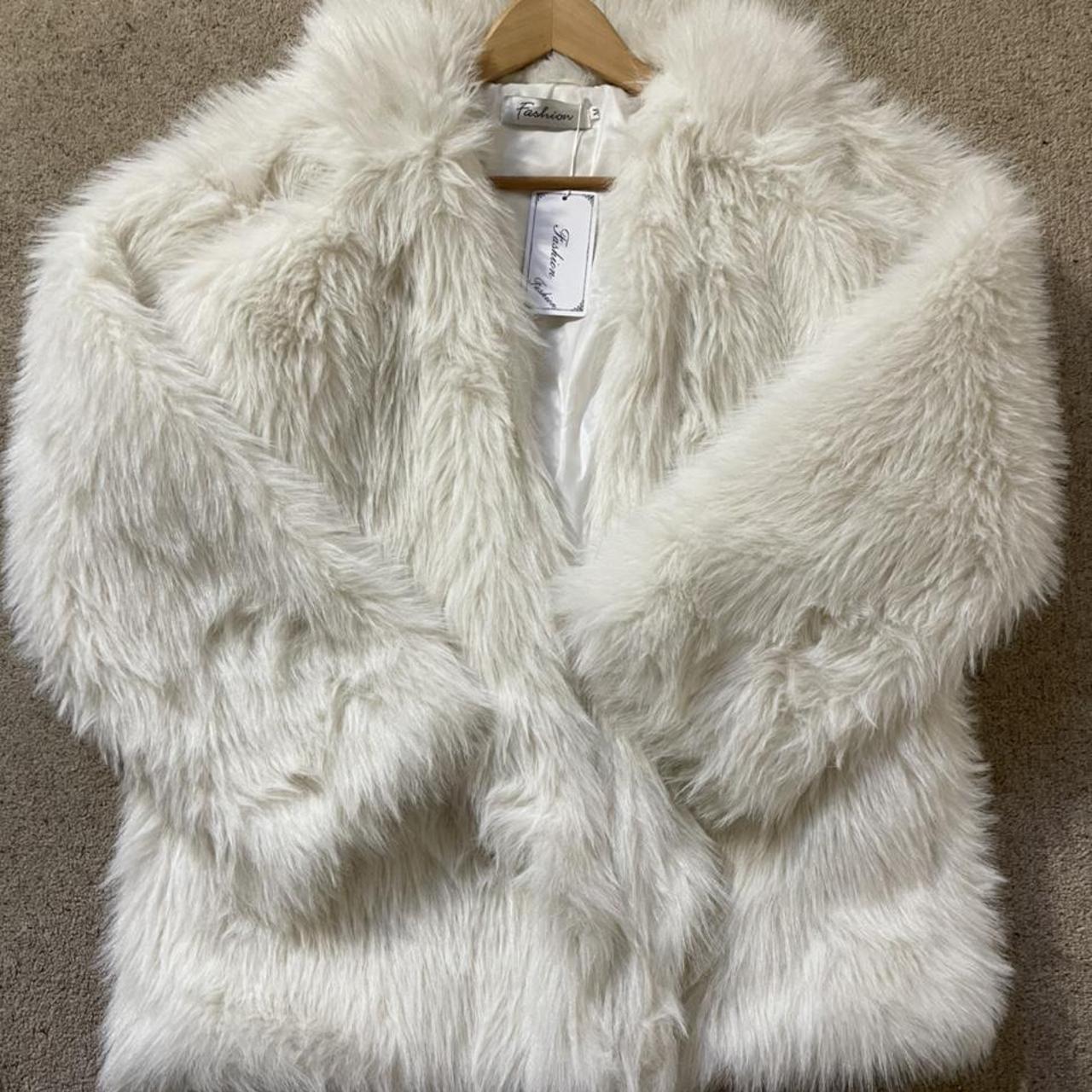 White/cream faux fur double breasted coat/blazer... - Depop
