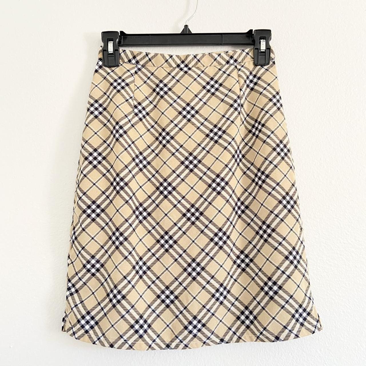 Tan, black and white plaid high waisted skirt, fits... - Depop