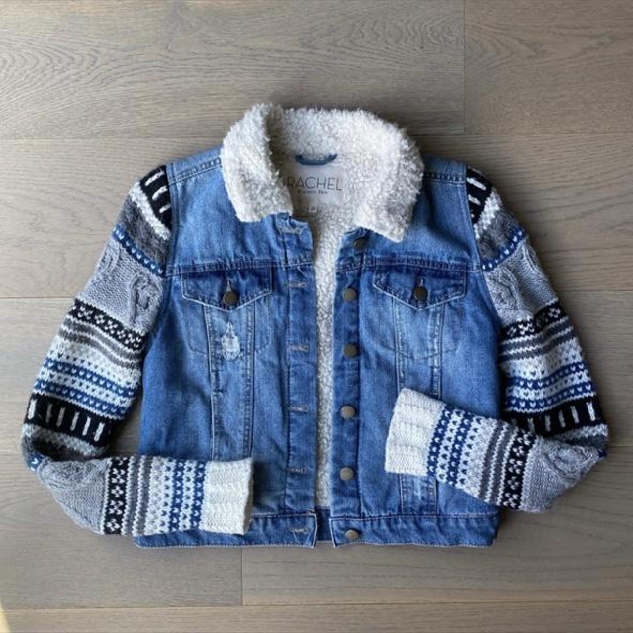 POL S BOHO Blue Mixed Media Denim Jacket with Cable-Knit Sweater Sleeves  43S | eBay