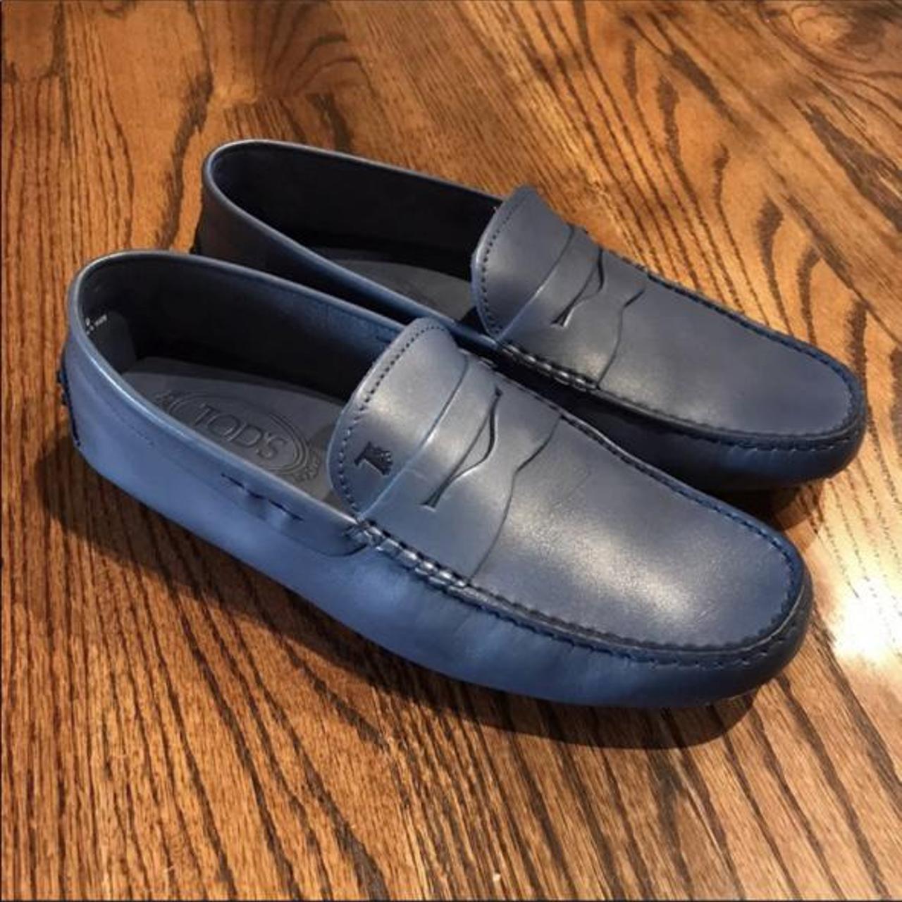 tods blue leather loafers