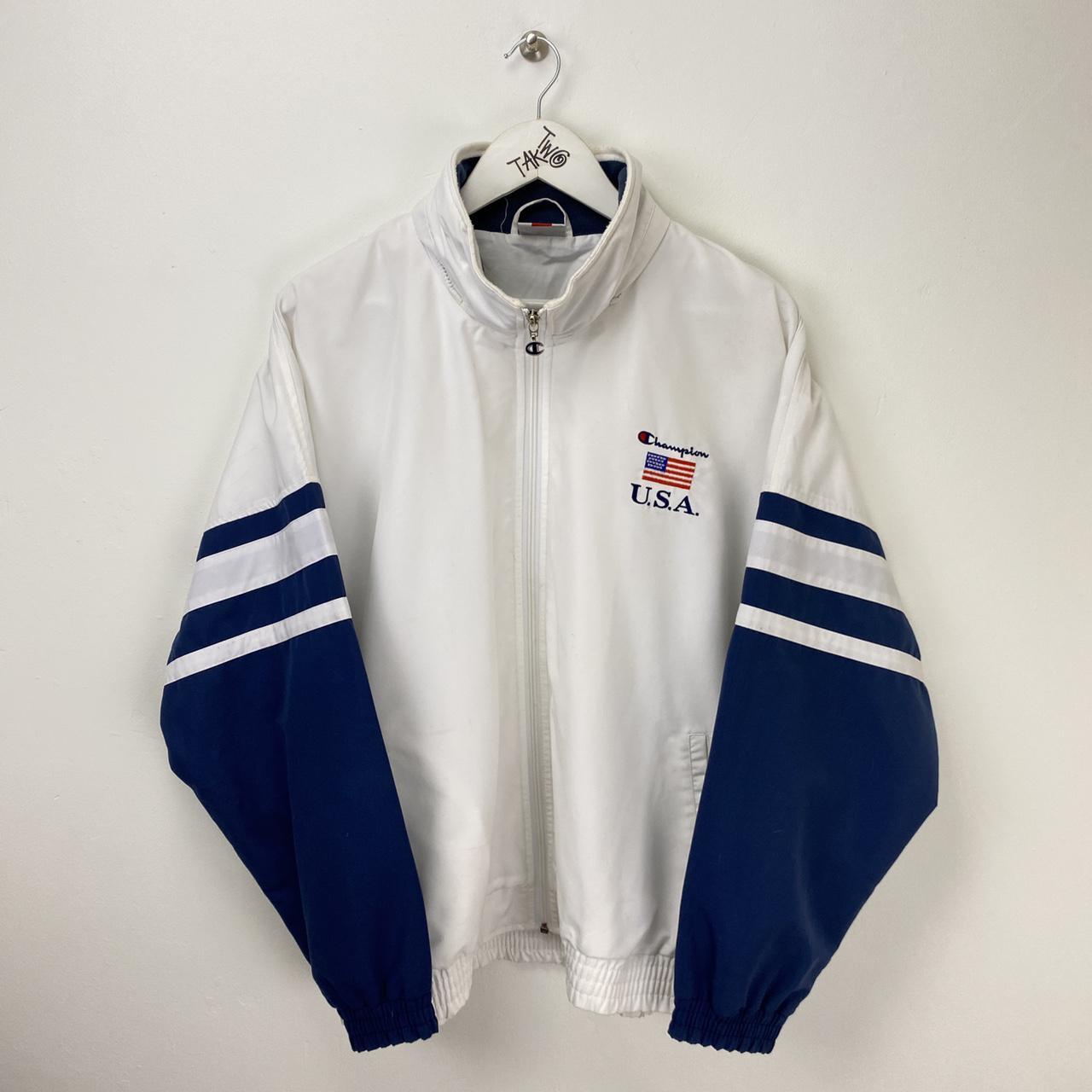 Vintage 90s Champion USA White/Navy Stripe Track... - Depop