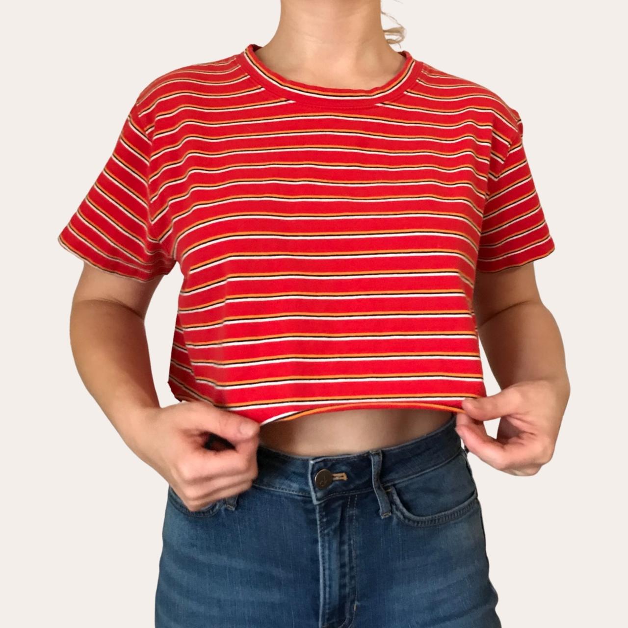 RED stretchy raw hem cut crop top yellow/orange,... Depop
