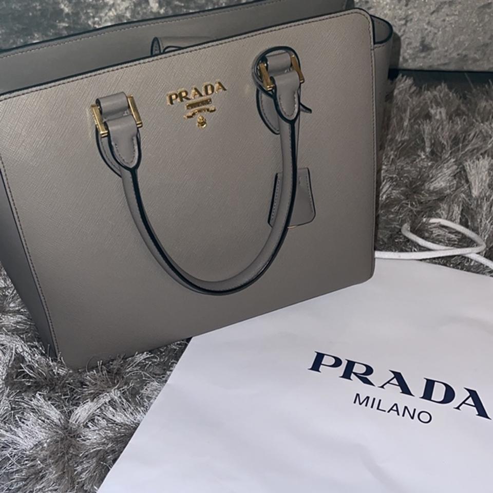 Prada Argilla Gray Saffiano Lux Leather Tote Handbag