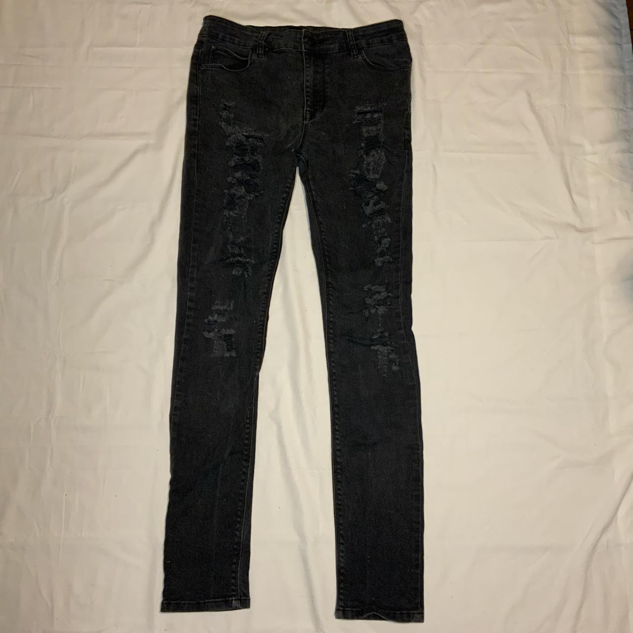 distressed black denim jeans. waist: 30 length: 41.... - Depop