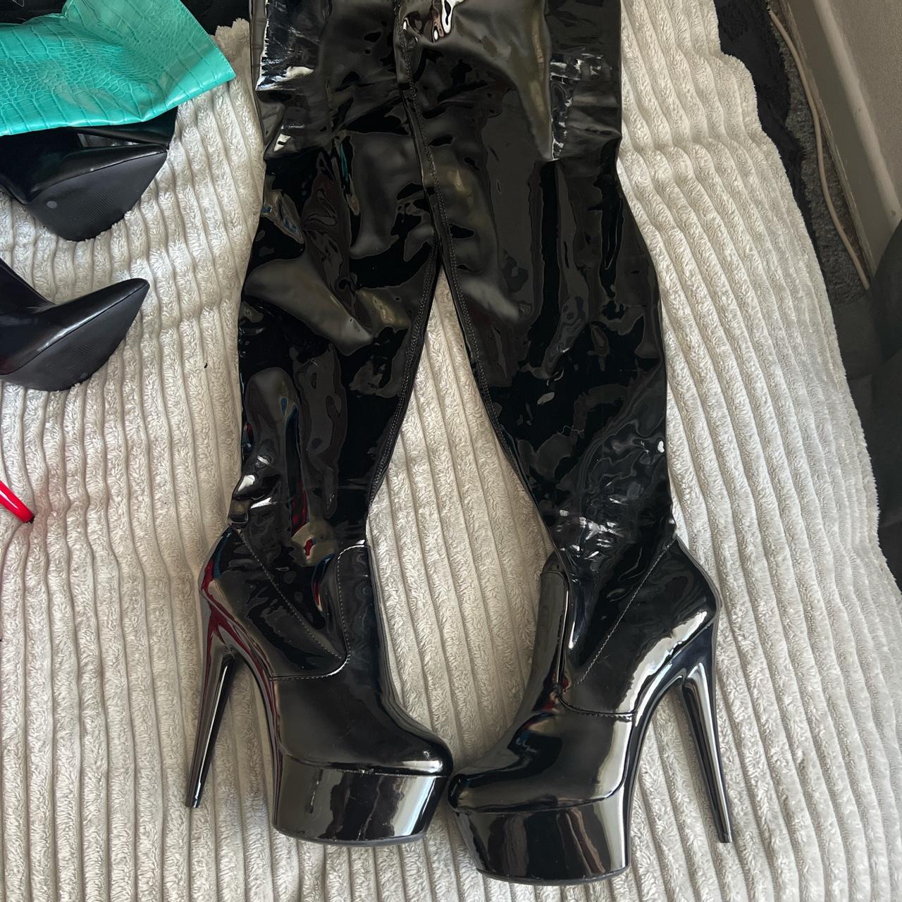 Black pvc thigh high boots Only worn once Rrp... - Depop