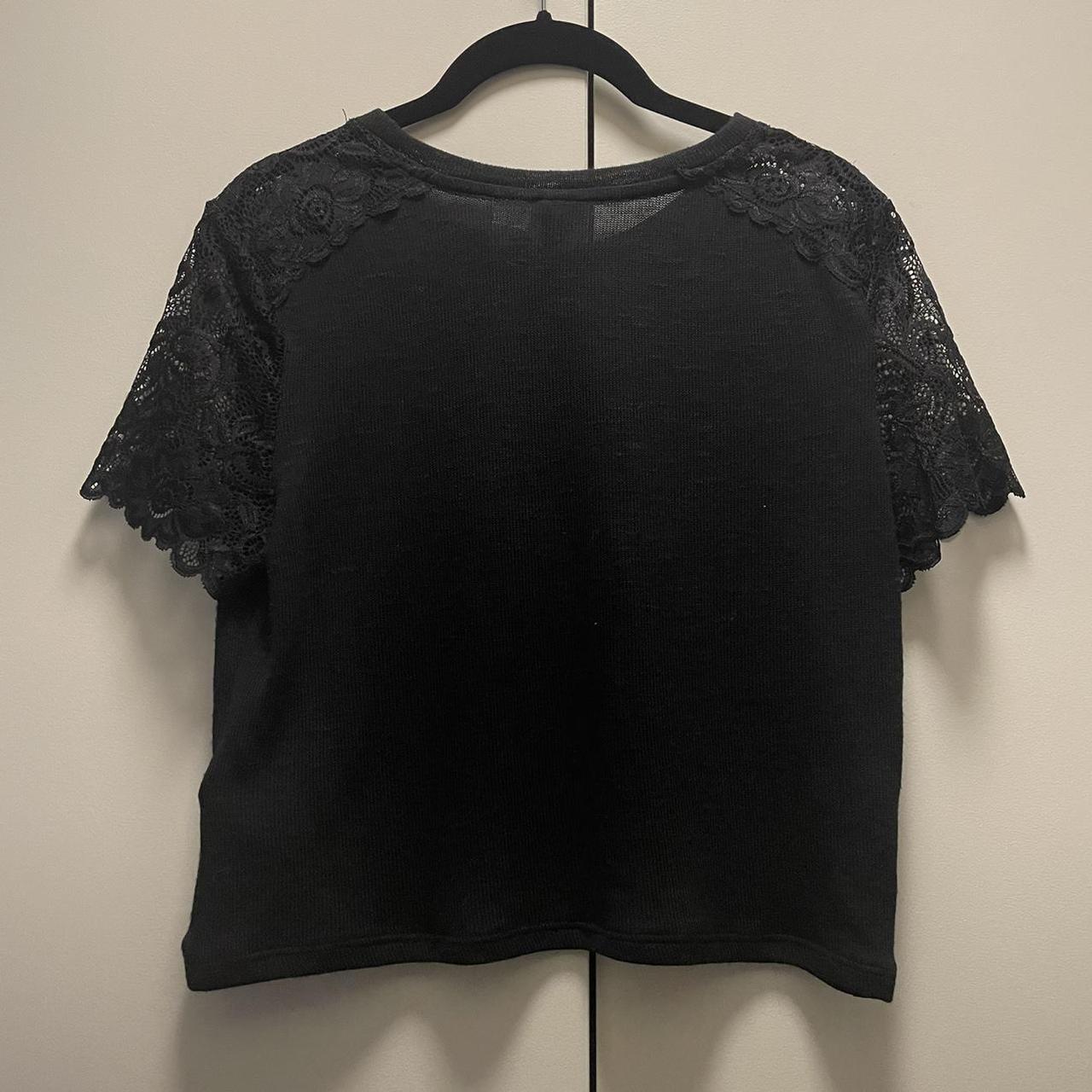 black cropped woven top with lace sleeves. very cute... - Depop