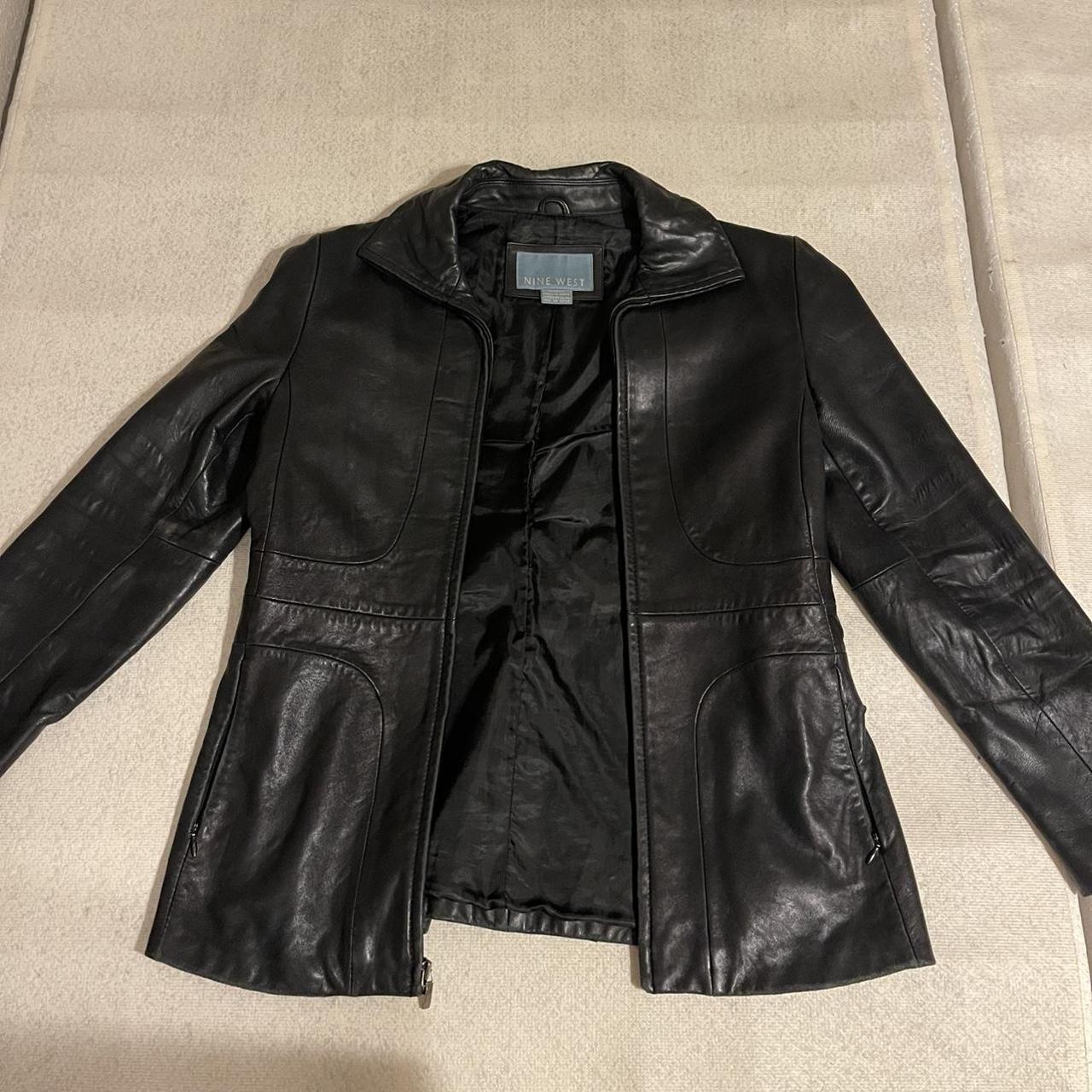 nine west black leather vintage jacket size... - Depop