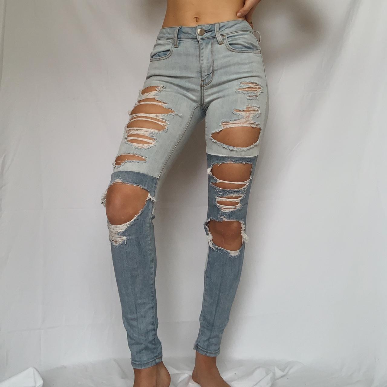 American Eagle super ripped two tone jeans - Depop