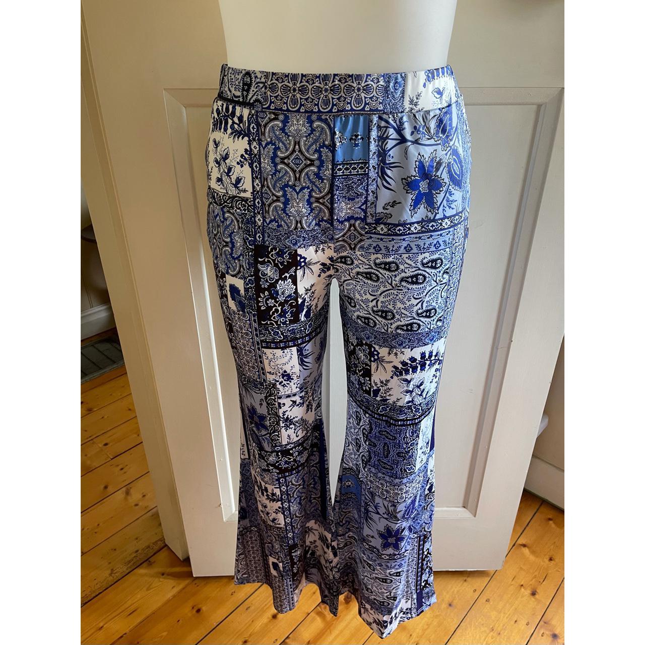 Boho style blue & white flared pants with - Depop