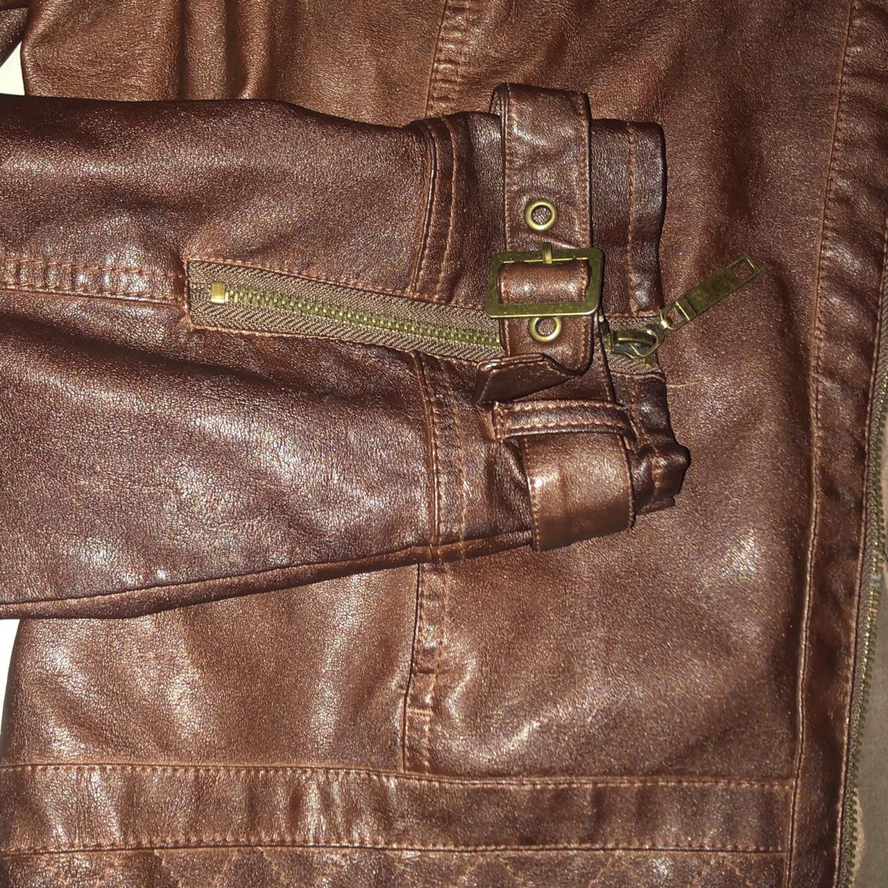 Brown faux leather cropped moto jacket. XL. Super... - Depop