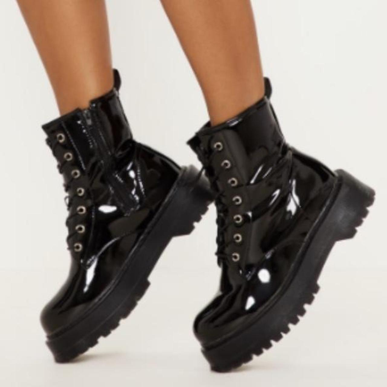 Black patent chunky sole 2025 lace up ankle boot