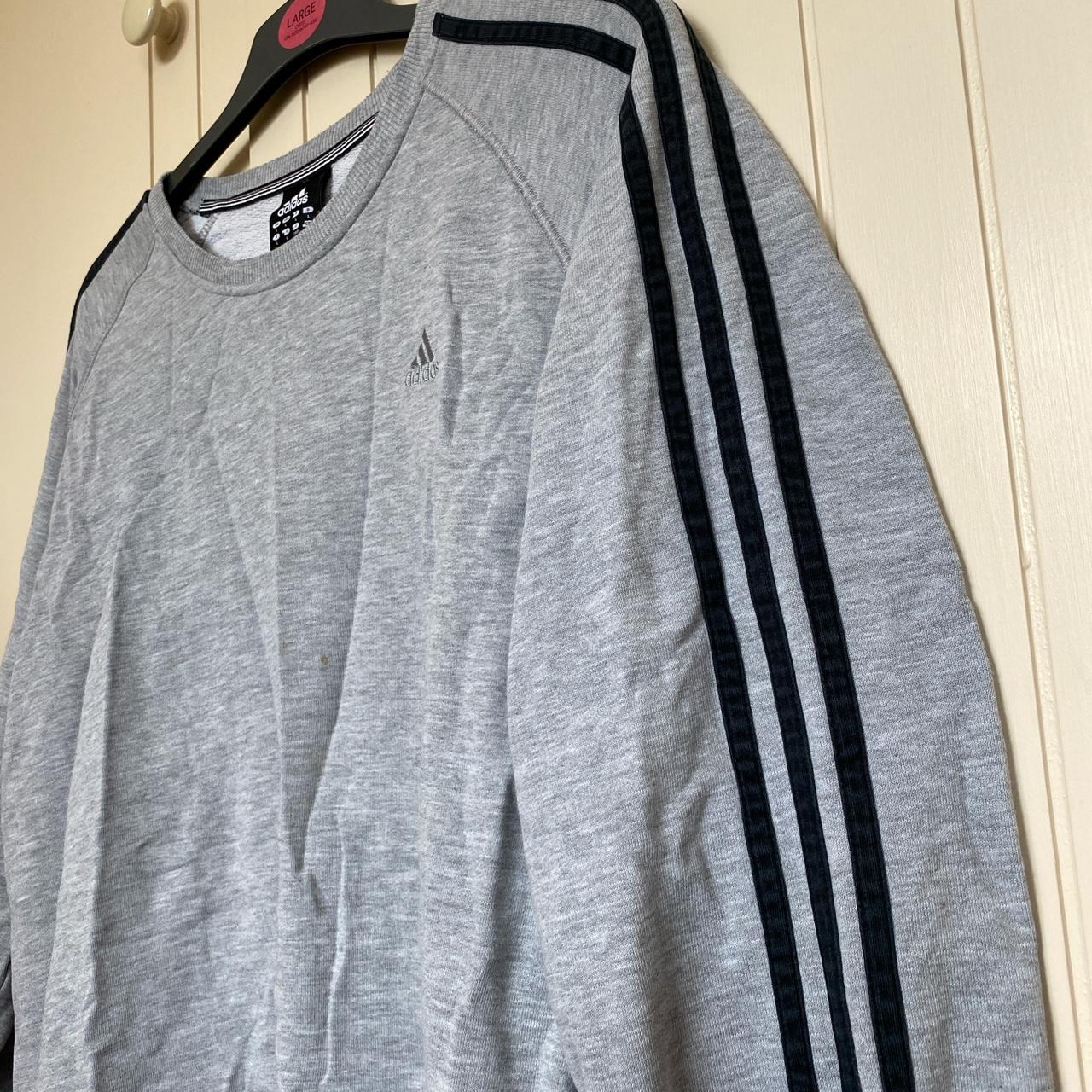 Grey and Black Adidas Jumper with iconic triple line... - Depop