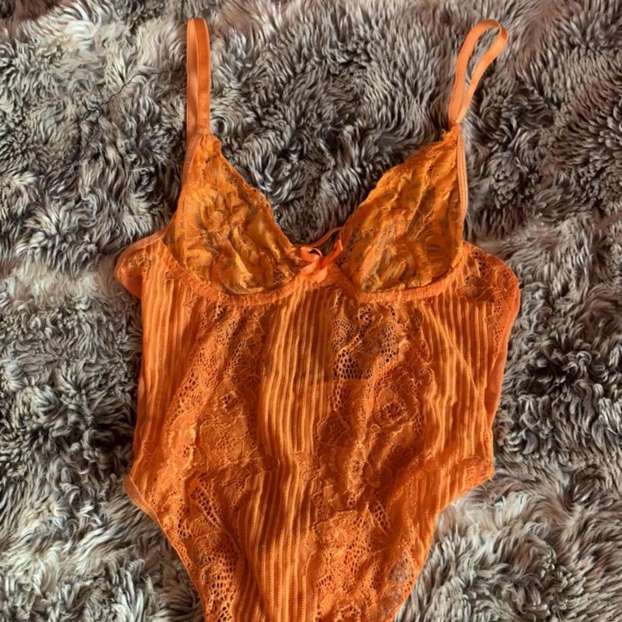 Orange mesh lace bodysuit lingerie adjustable straps... - Depop