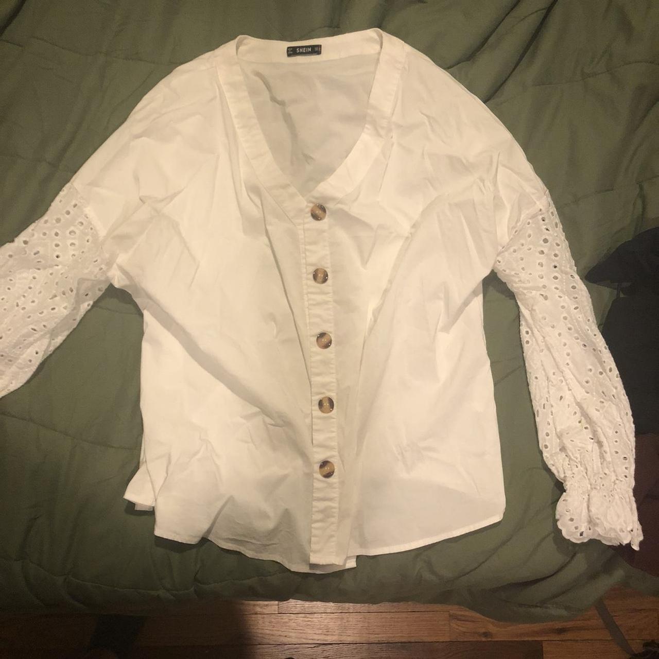white button up with doily detailed sleeves that... - Depop