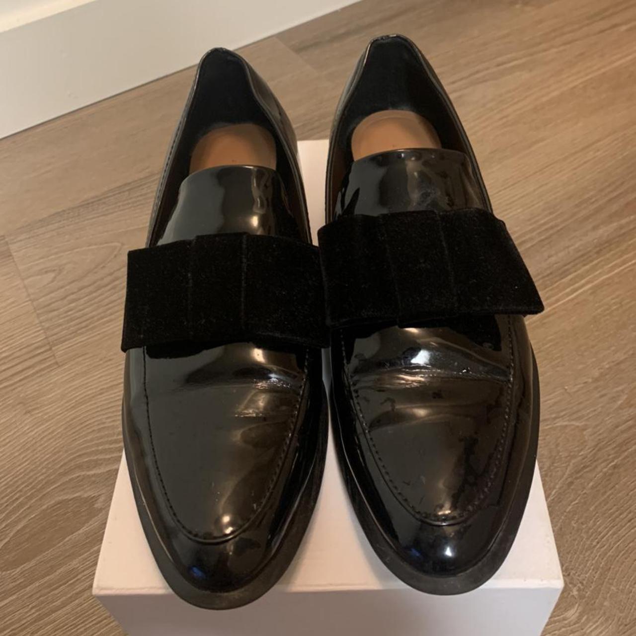 Zara black patent leather loafers with velvet bow.... - Depop