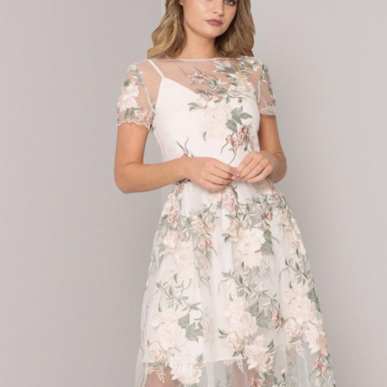 Floral Embroidered Mesh Overlay Midi Dress In Nude – Chi, 60% OFF