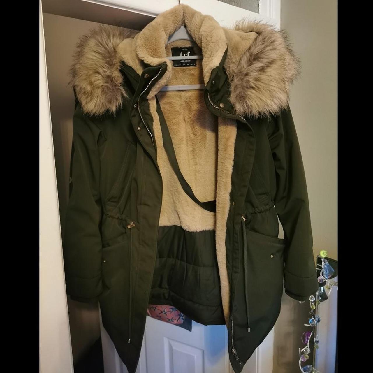 ZARA ~Khaki Fur Hooded Parker Coat. The Worn 3-4... - Depop